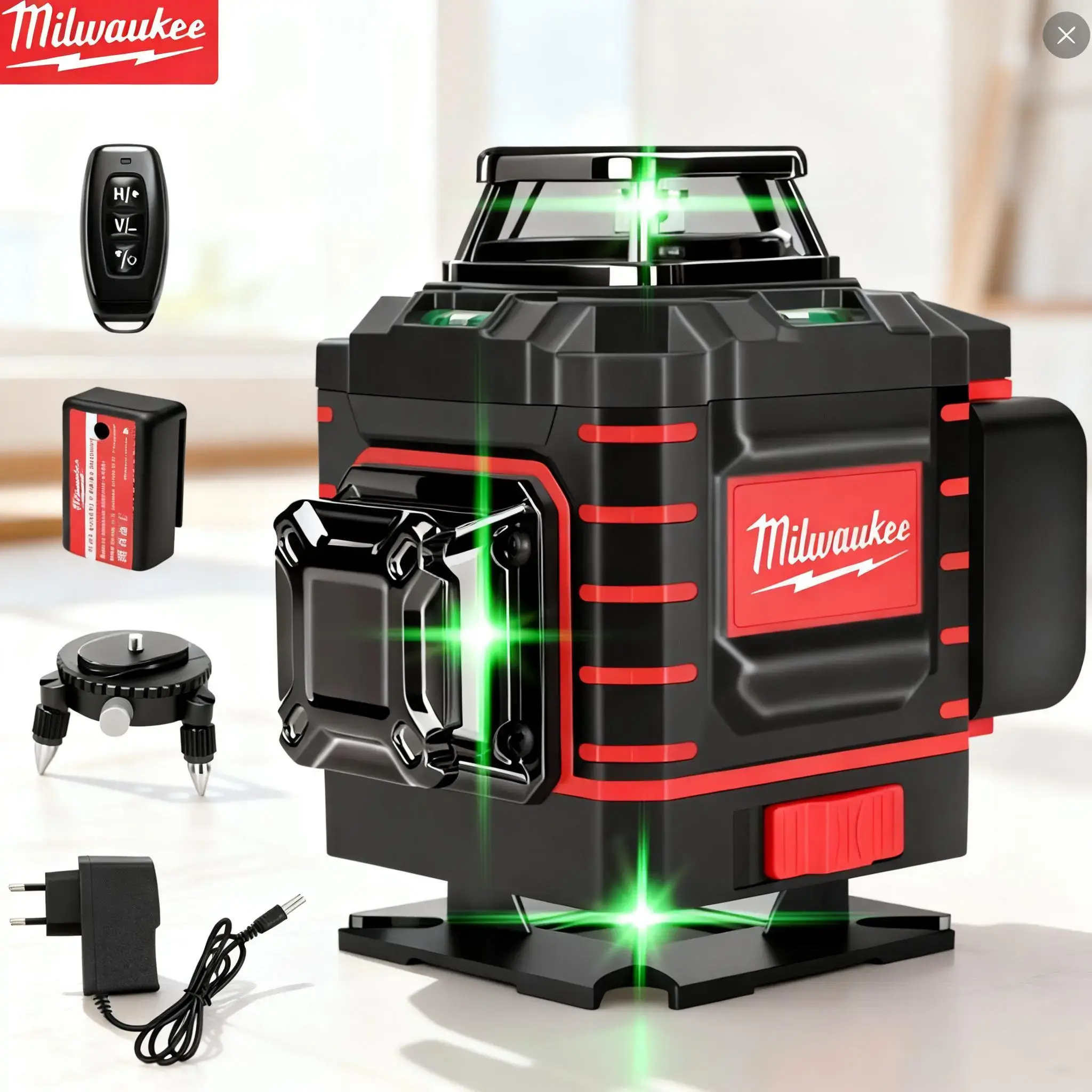 Milwaukee 3-4D 360-Degree 16-Line Laser Level, 4000mAh/5000mAh Battery, US-Standard Charger, Remote Control, Base, Professional Measuring Tool for Renovation, DIY Projects