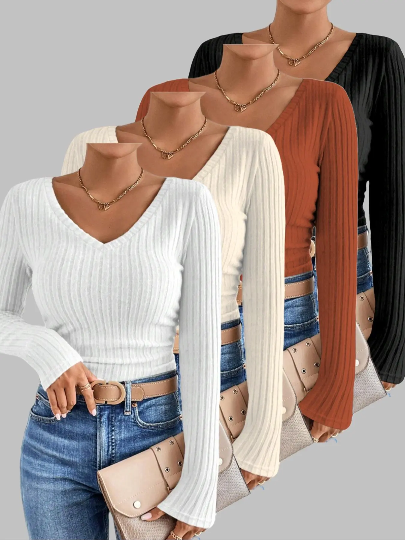 【Plus Size】 Solid Color Basic Thumb Hole V Neck Tee, Casual Long Sleeve T-shirt for Spring & Fall, Women's Plus Clothing for Daily Wear, Top