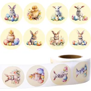 500 count Easter Round Stickers Roll, 8 Designs Retro Watercolor Bunny Egg Chick Labels, 1.5 Inch Rustic Easter Stickers for Party Favors,  Wrapping, Greeting Cards & Candy Bags