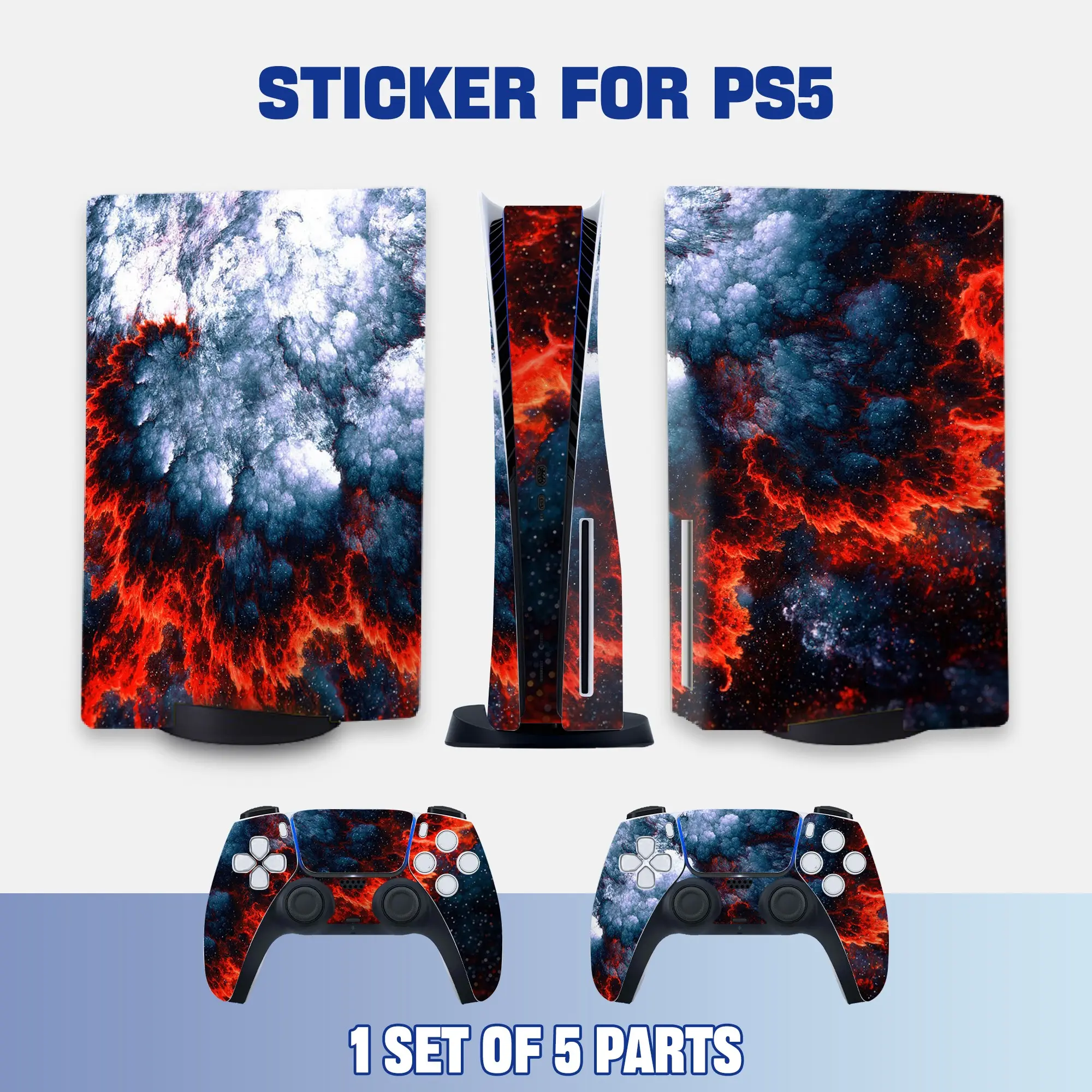 Red & Blue Cosmic Nebula Style PS5 Disc Edition Vinyl Skin Sticker for Console & Controllers, Waterproof, Scratch-Resistant, Dustproof, Removable & No Residue