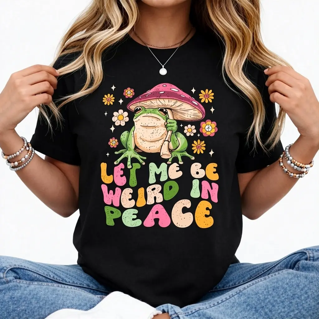 Goblincore Graphic T-Shirt for Women with Retro Frog & Mushroom Print, Casual Cotton Short Sleeve Streetwear with Round Neck, Plus Size