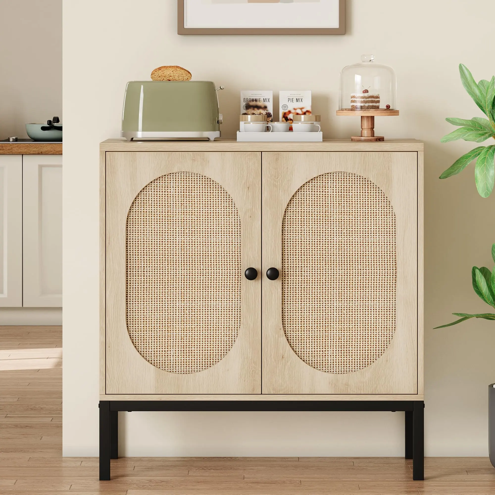 Garvee Rattan Buffet for Living Room, Storage Furniture with Cane Door Cabinets and Adjustable Shelf, Sturdy Metal Legs Wooden Sideboards for Living Room, Dining Room, Hallway, Natural Wood