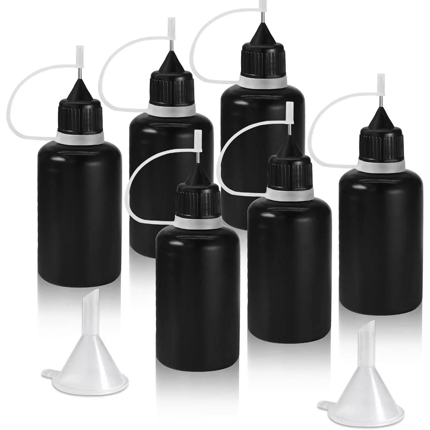 30ml Precision Tip Bottles (6 Count, Black) with 2 Funnels - 1mm Metal Tips Draw 0.5mm Fine Lines, Tight-Sealing Caps Prevent Drying, Flexible Plastic Resists Cracks, for DIY Home Projects, Crafting Tools, Glue/Ink/Fix, Precision Squeeze