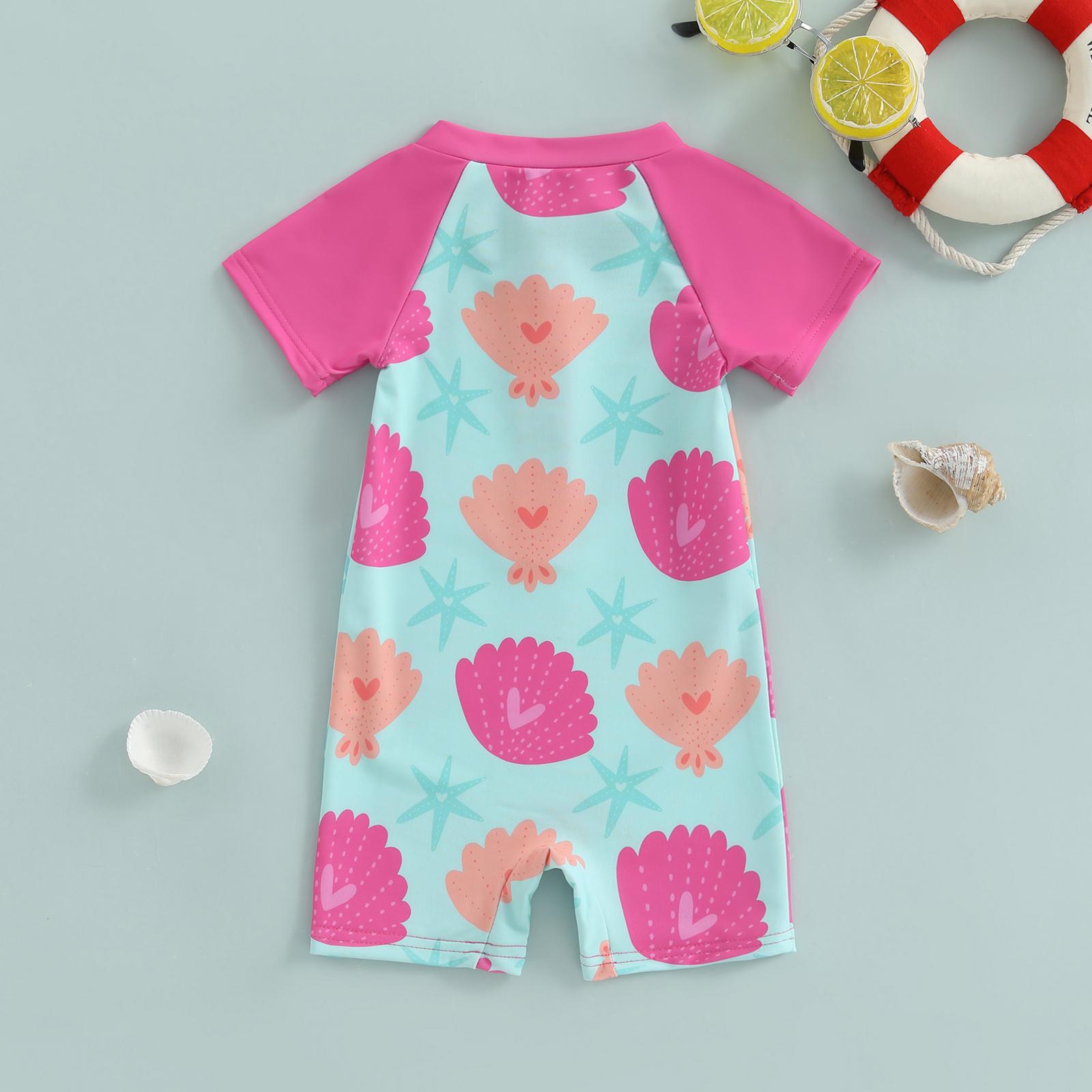Toddler Girls Rash Guard Swimsuit Flower Starfish Shell Pattern Zip Up Short Sleeve Crew Neck Baby Girls Swimwear
