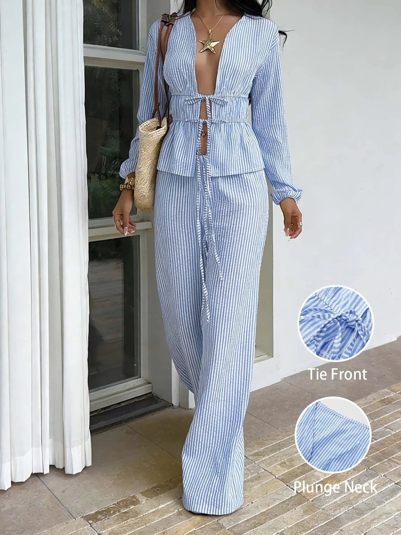 Women's blue and white striped two-piece set, including a deep V-neck front long sleeved lace up top and high waisted wide leg pants, casual beach streetwear, Adjustable, for summer daily leisure, holiday travel