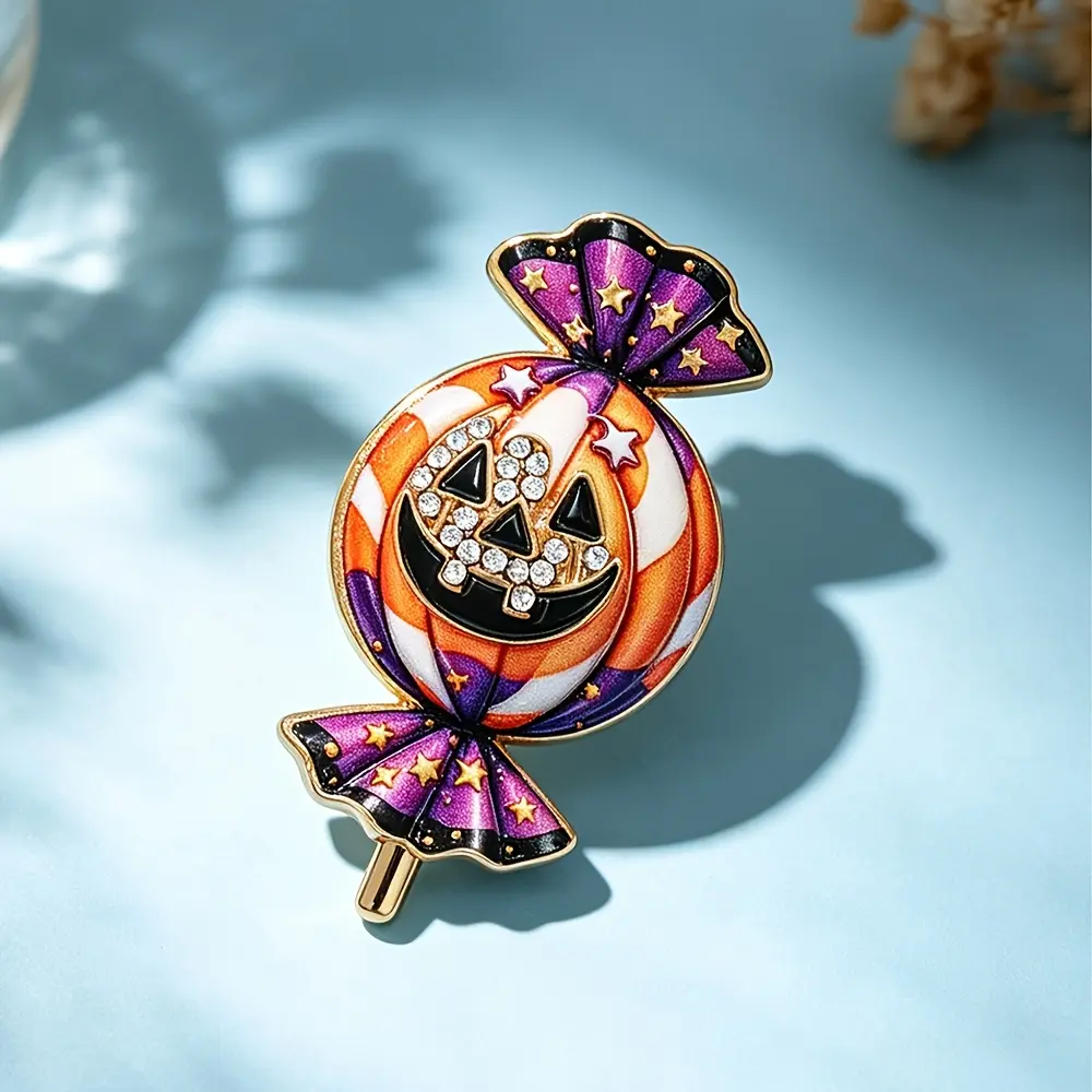 1 Cute Halloween Pumpkin Candy Glass Brooch, Inlaid with Rhinestone Devil Lamp Pin, Halloween Party Fashion Accessory Gift