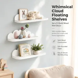 Set of 3 Cloud Shaped Floating Wall Shelves, Solid Wood White Nursery Floating Shelf for Kids Room Book Toy Decor Display