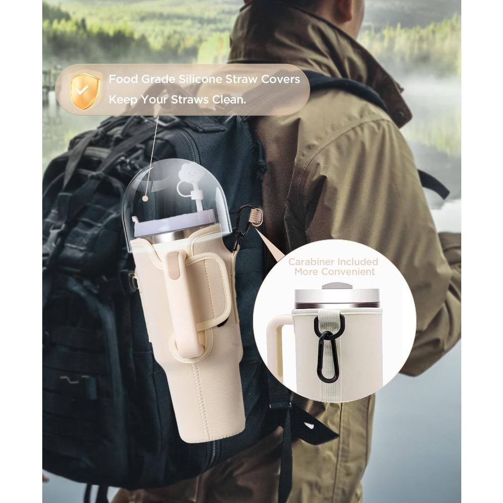 Water Bottle Carrier Bag with Phone Pocket for Stanley 40/30 oz Tumbler, Neoprene Water Bottle Holder Pouch with Adjustable Strap, Straw Cover & Carabiner, Ideal New Year & Valentine's Day Gift