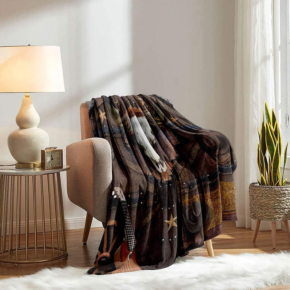 FRANALA Western Throw Blanket, Cow Skull Cowboy Hat Boots Wagon Wheel Texas Star Brown Barn Door Rustic Farmhouse Wild West Blanket, Cozy Soft Fuzzy Flannel Fleece Blanket for Couch, Sofa,