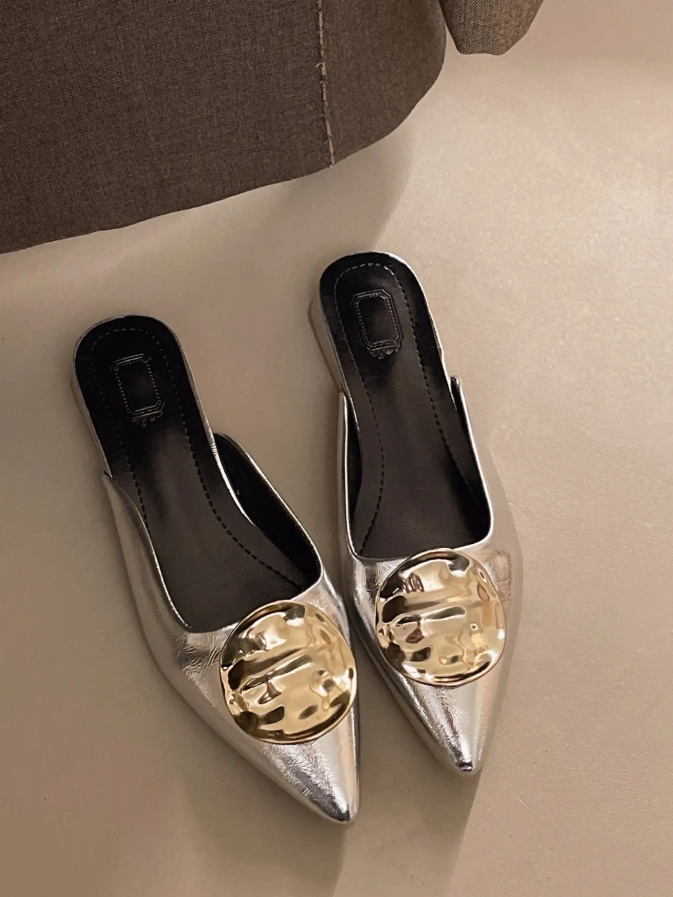 Women Pointed Toe Large Round Gold Metal Ornament Backless Slip On Flat Mule Slides, Minimalist Closed Toe Casual Mules, All Season Daily Office Footwear, 4 Colors Cream Brown Silver Black