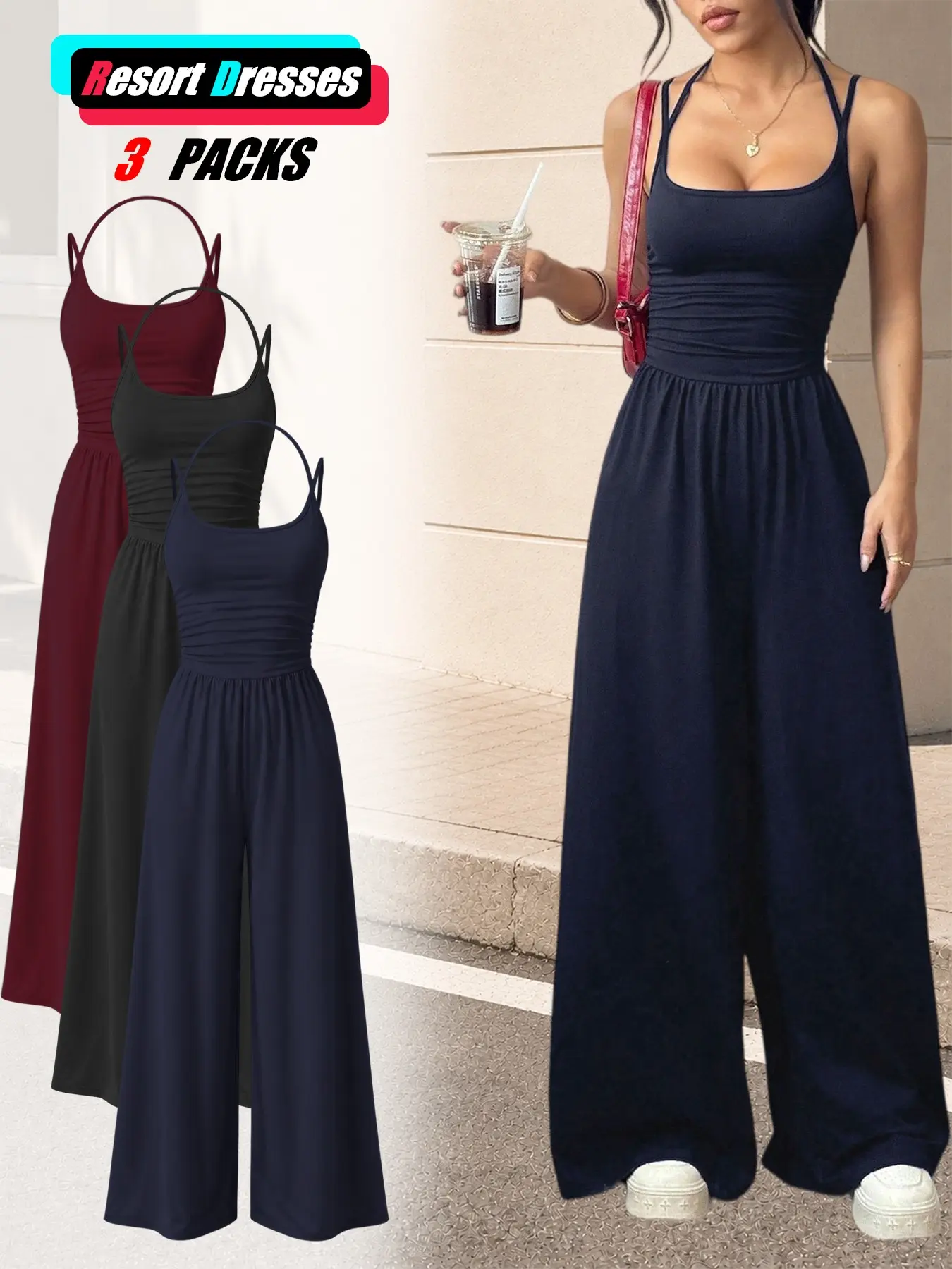 Women's Spaghetti Strap Wide Leg Jumpsuit, Casual Loose Fit One Piece Romper, Stretchy Sleeveless Summer Breathable Outfit,Comfy Lounge Wear for Summer Vacation,Womenswear 2026,Comfy Travel & Vacation Wear for Women
