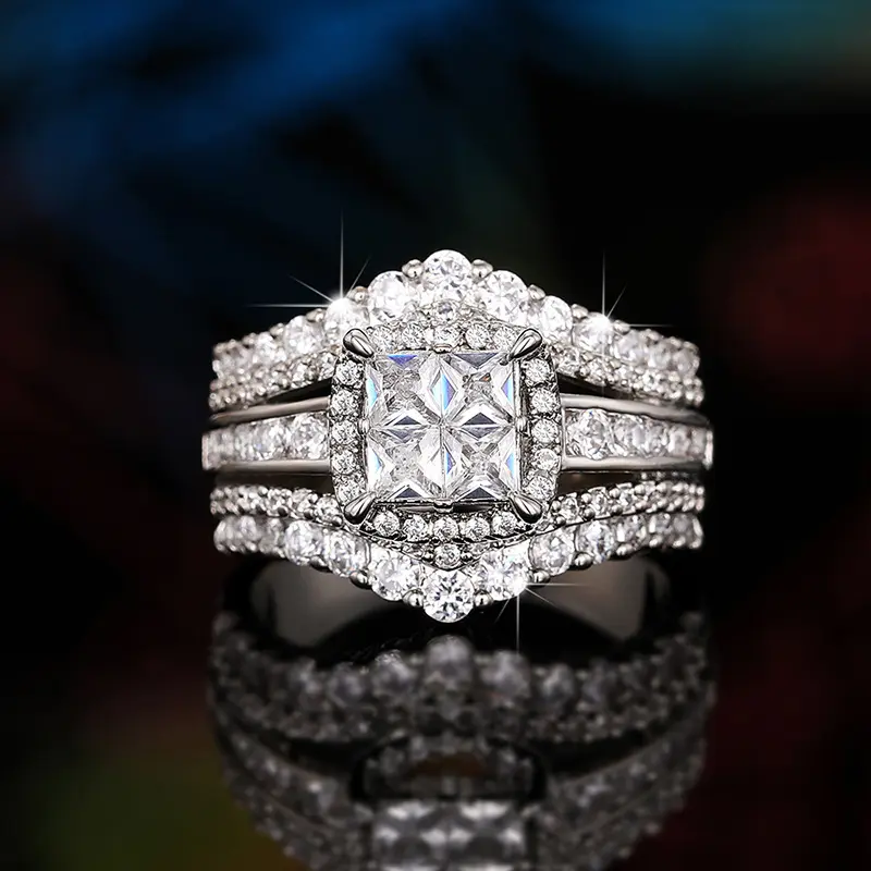 New Zirconia Simulated Ring Double-Layer Two-in-One Super Shiny Ring for Women DDJZ0043 Square Spliced Crown Ring 14K Gold-Plated