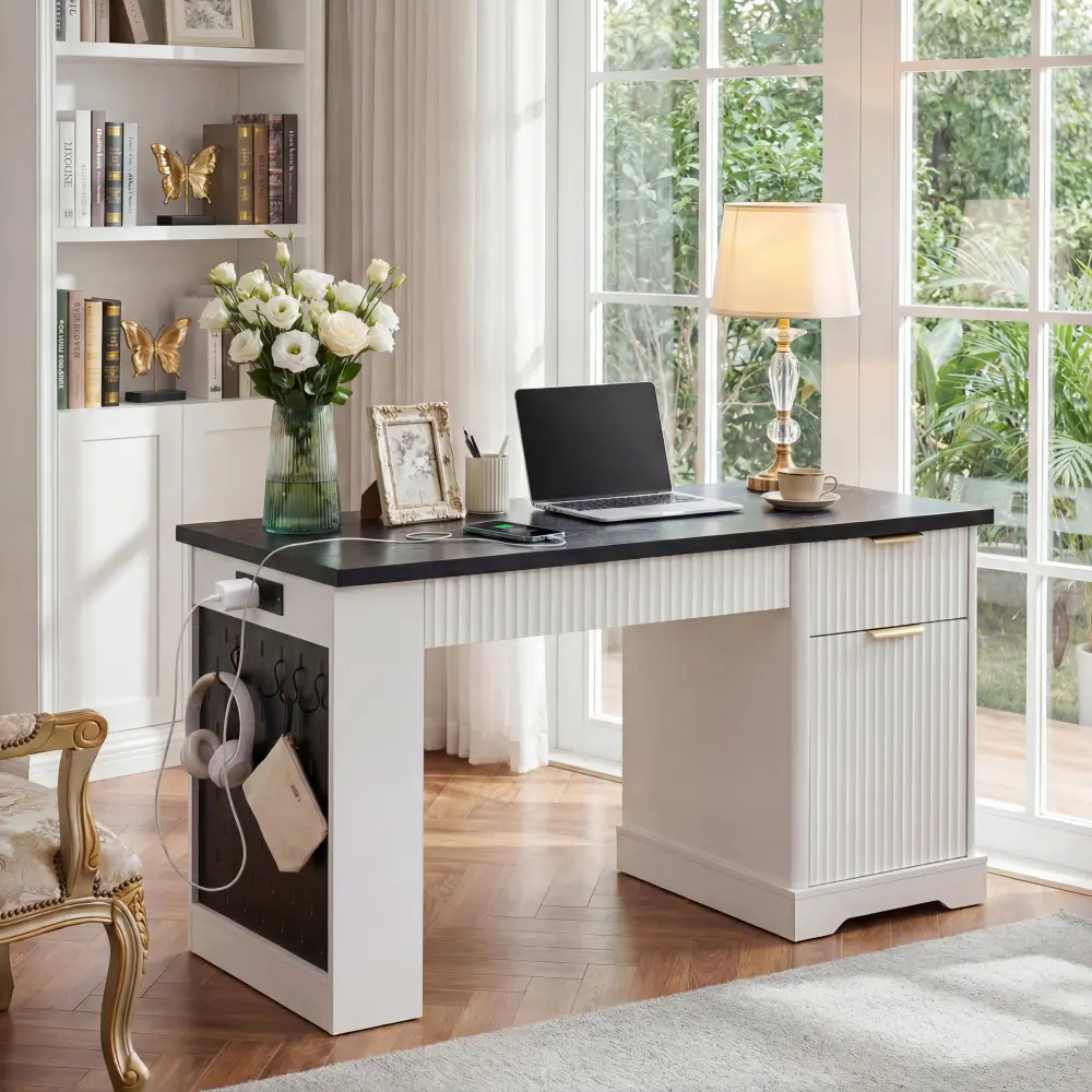Littleox 55" Rectangular MDF Wood Modern Fluted Office Desk - Storage Cabinet, Drawers, Power Outlet, Pegboard, Built-in Shelves, Keyboard Tray for Home Office, Study Room, 55 Inch Desk, Fluted Edge