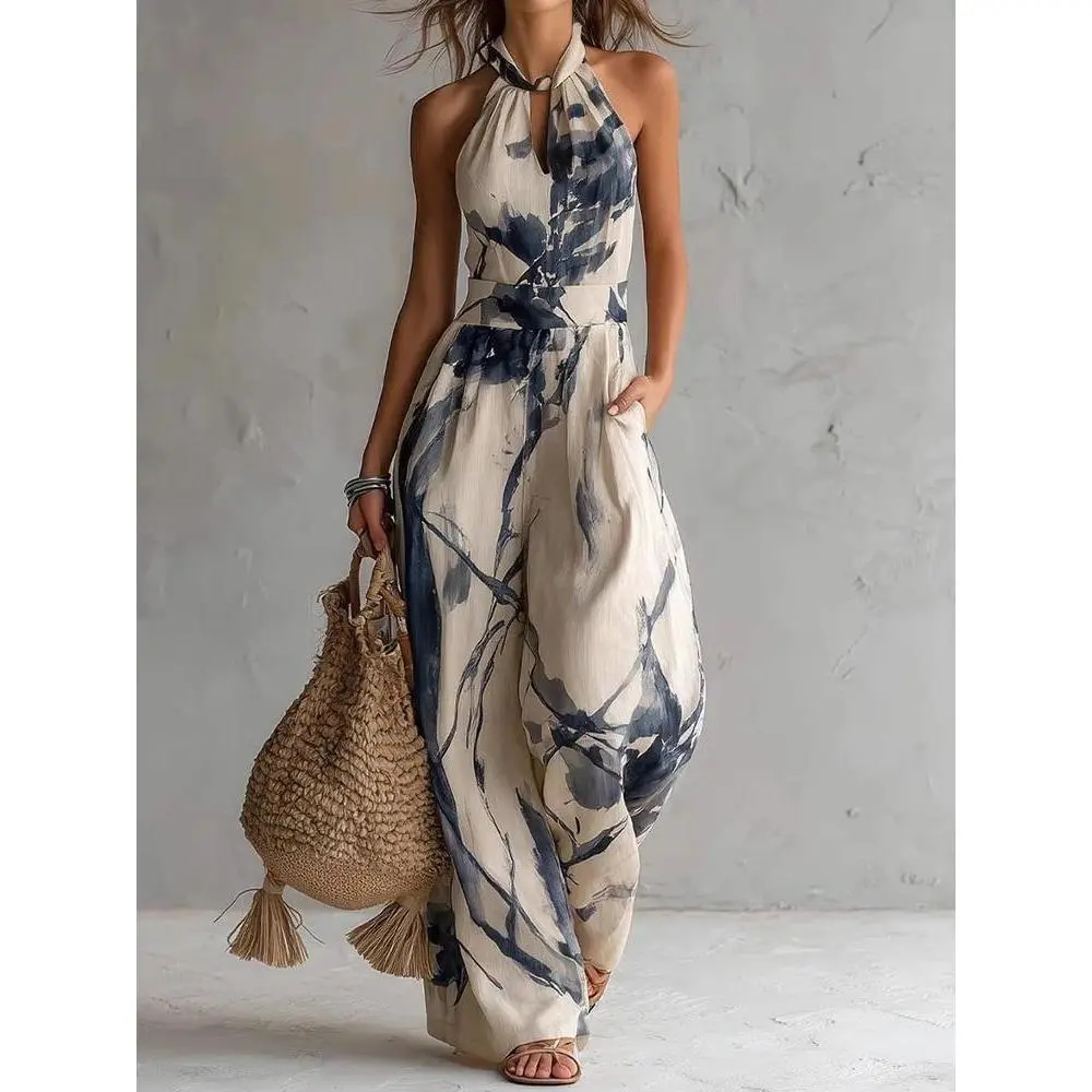 Women's Fitted Halter-Neck Sports Overalls - Summer Sleeveless Belted Waist Print Patchwork Wide-Leg Pants, Hollow-Out Backless Button-Front Lace-Up Bodysuit Streetwear Outdoors Playsuit