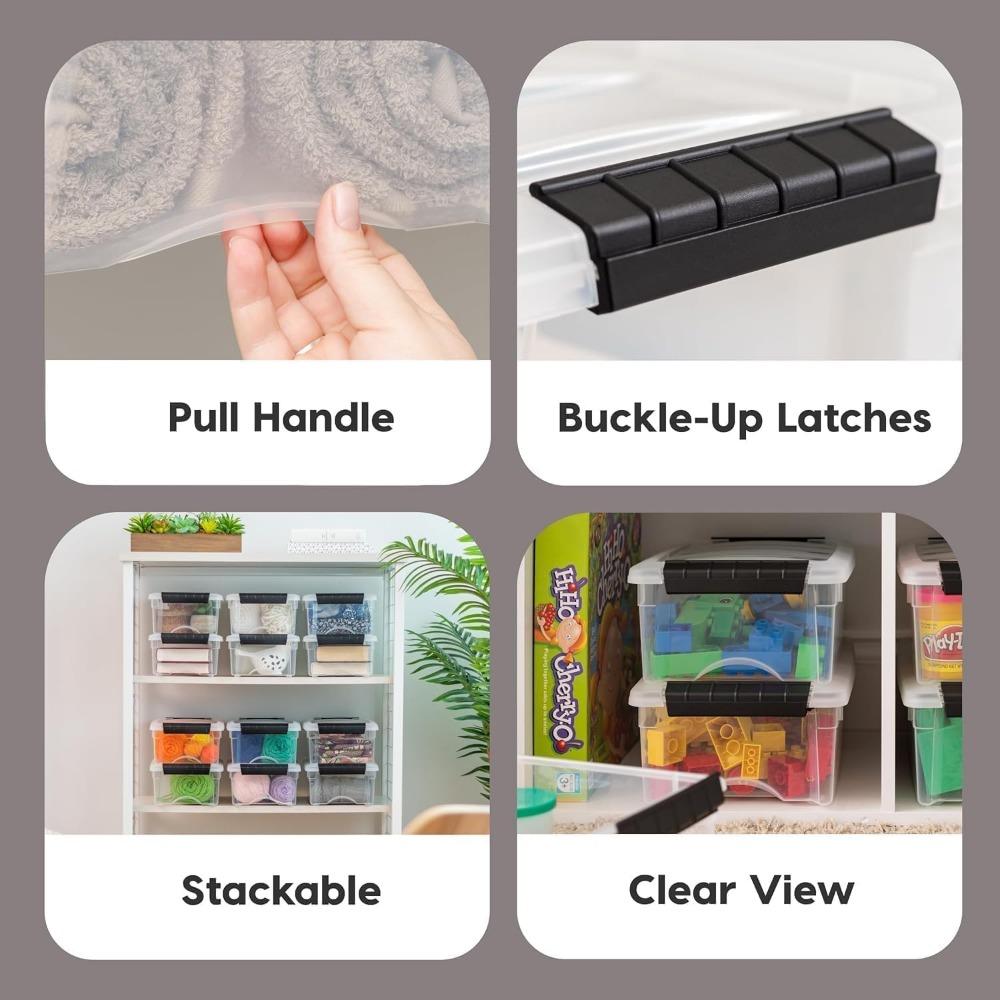 6 Quart Stackable Plastic Storage Bins with Lids, 3 Pack-BPA-Free, Made in USA-See-Through Organizing Solution, Latches, Durable Nestable Containers, Secure Pull Handle-Clear/Black