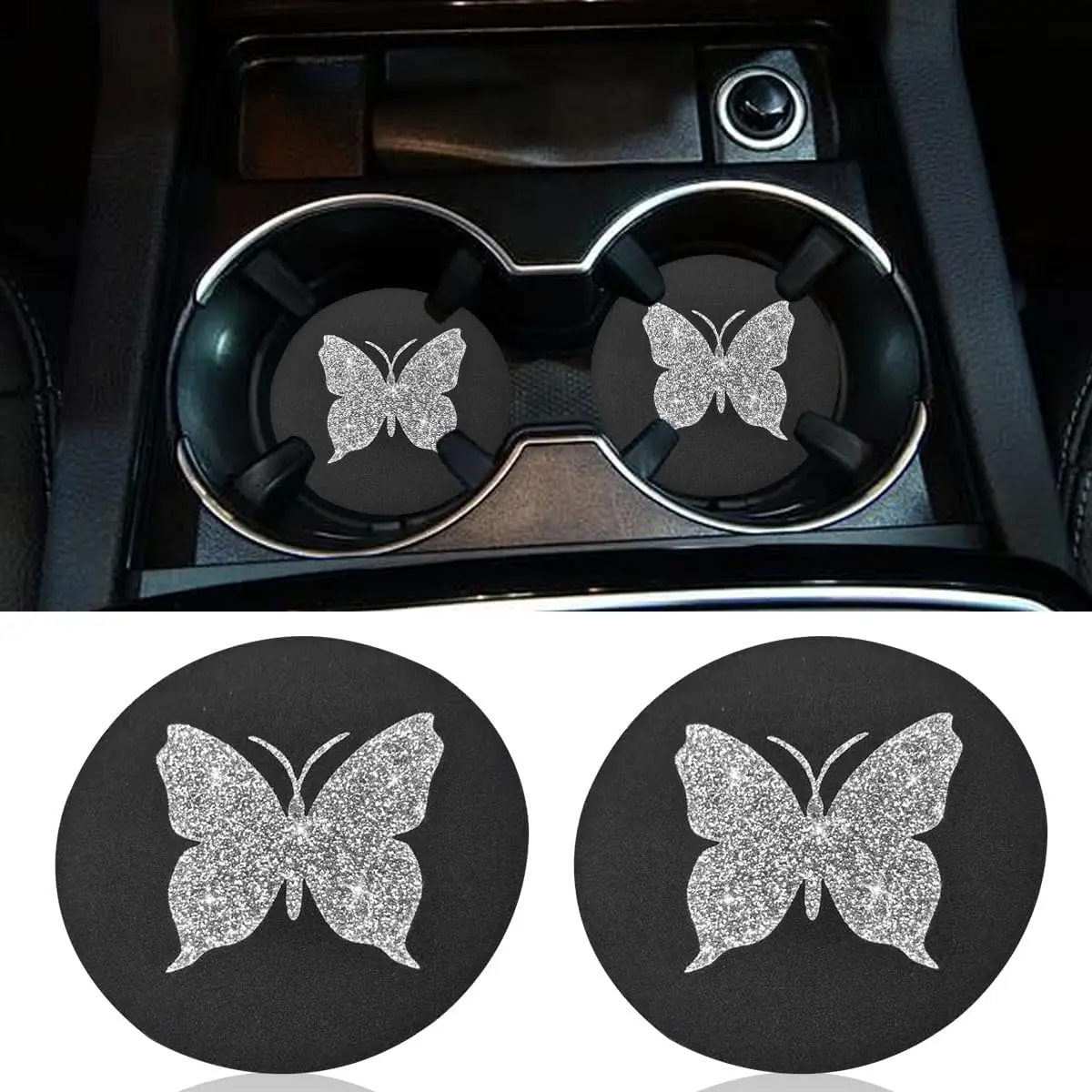 2 count Bling Butterfly  Cup Holder Coaster (Sliver) | 2.75''  Auto Non-Slip Embedded in Ornaments Cup Coaster, Rhinestone Auto Interior Drink Water Bottle Mat Accessories