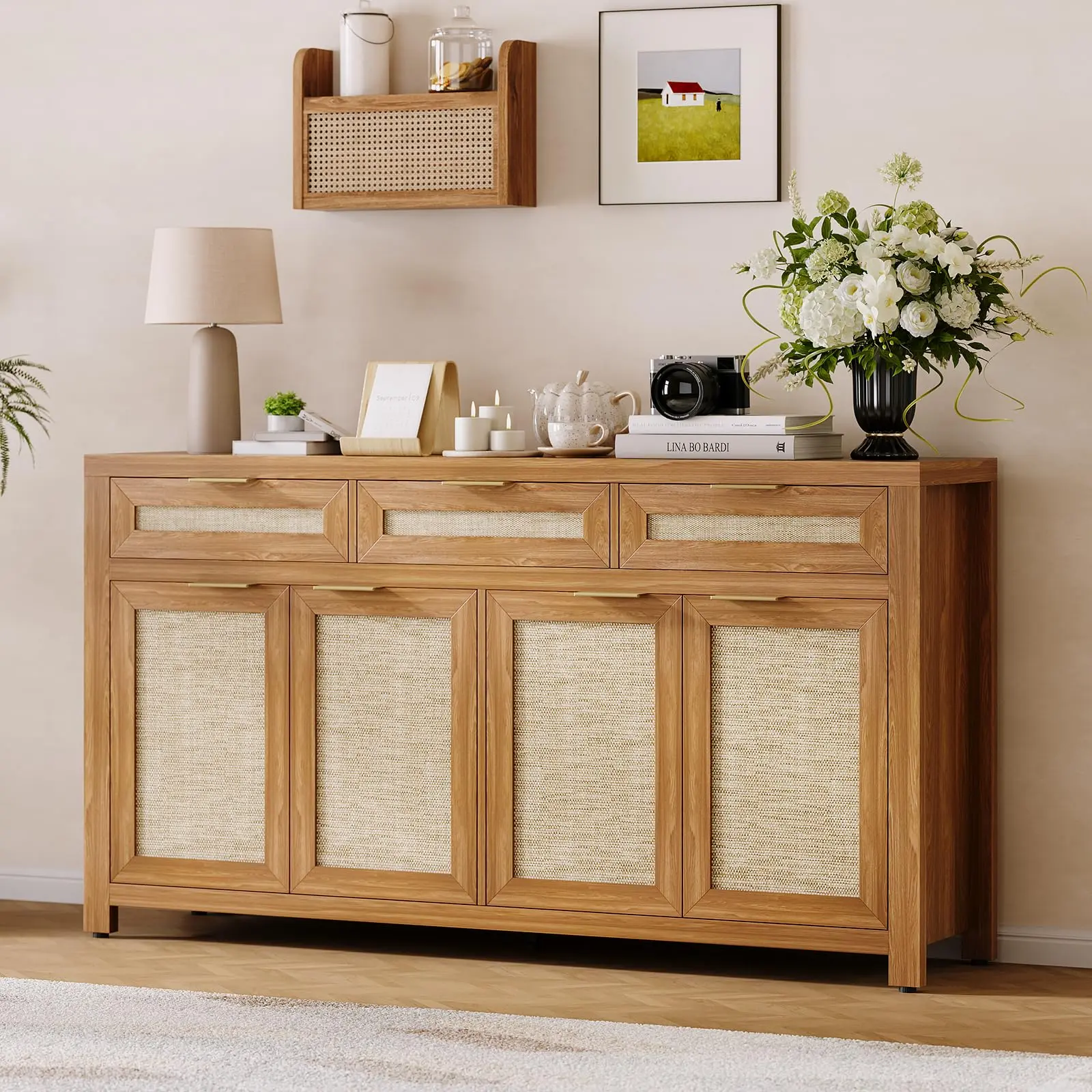 63" Farmhouse Engineered Wood Buffet Cabinet - Light Oak Sideboard with Rattan Doors, 3 Drawers, Metal Handles, Adjustable Shelves & Anti-Tipping Device, Boho Charm Credenza for Kitchen & Living Room, Rattan Weave