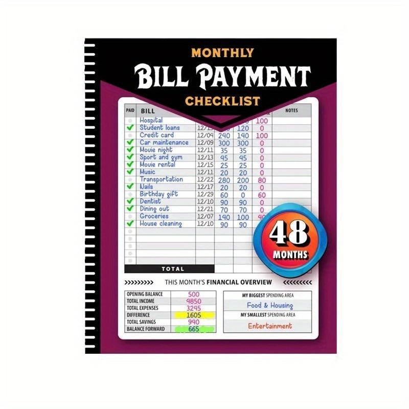 48-Month Bill Payment Checklist Planner, Monthly Bill Tracker Notebook for Home Finances & Budget Management, Finance Checklist Organizer, English Language, Paper Material