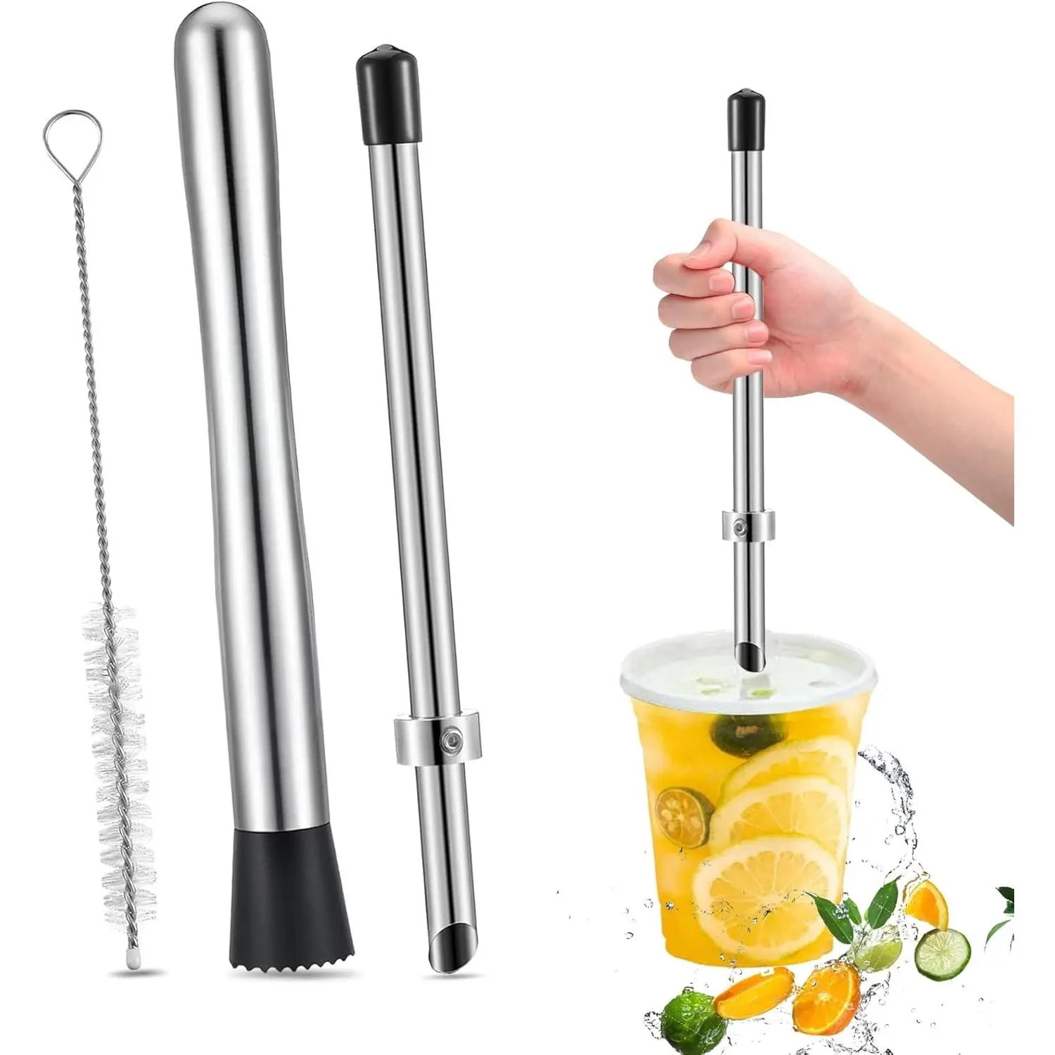 Stainless Steel Lemon Smasher, Straw Puncher and Cleaning Brush Utensils Set - Cocktail Muddler for Homemade Drinks, Home Bar Use - Easy Clean