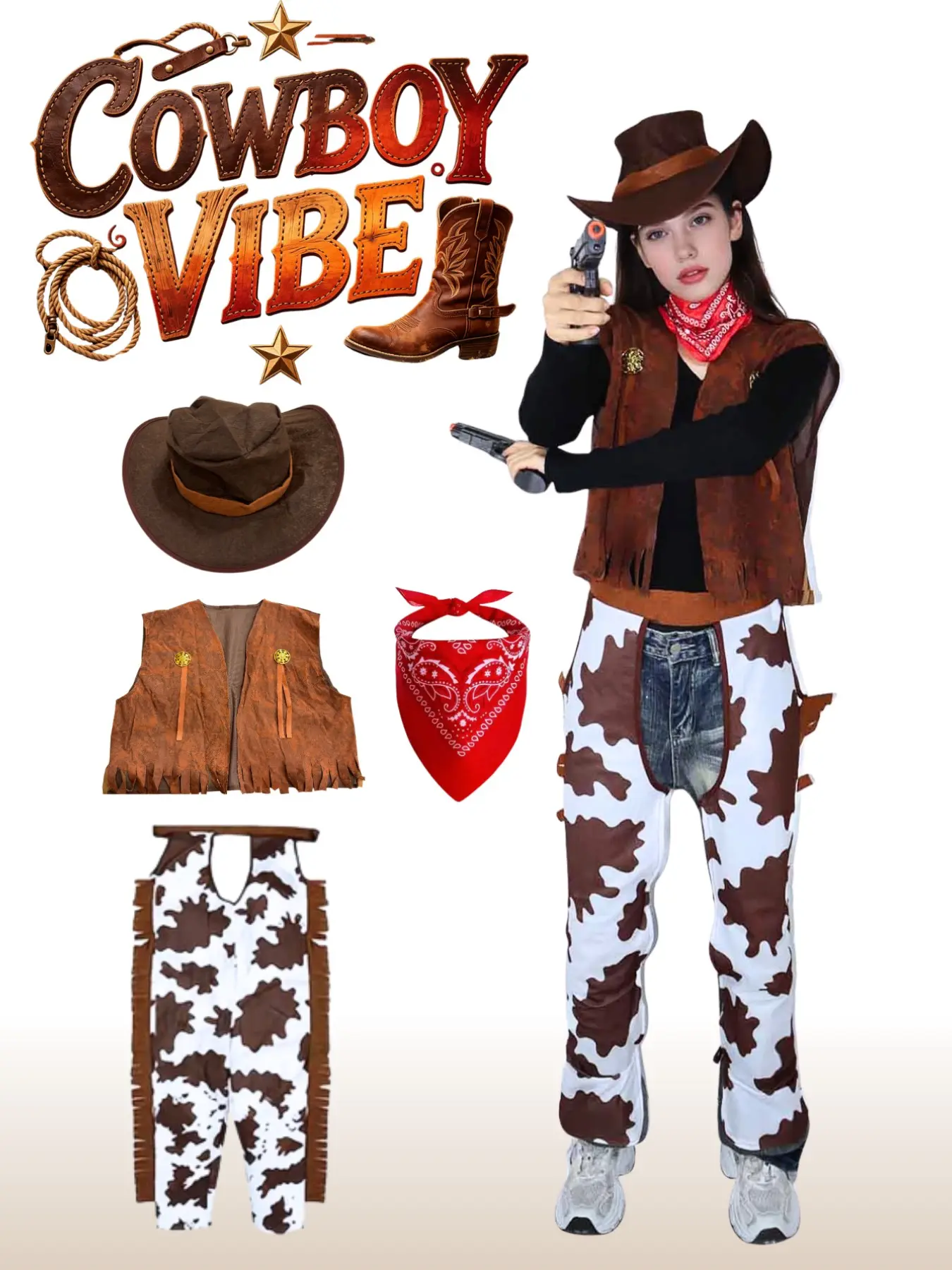 Women Western Cowboy Costume Full Set Suede Fringe Vest Cow Print Chaps Bandana Cowgirl Hat Wild West Halloween Country Party Costume For Parties Fancy Dress Cosplay Outfit