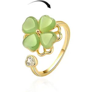 Anxiety Rings for Women – Adjustable Four Leaf Clover Spinner Ring, Gold Plated Lucky Fidget Ring