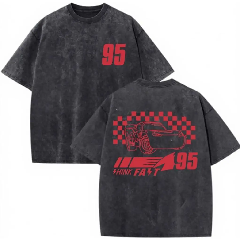 Racing Car Number 95 Graphic Tee Vintage Washed Cotton Tshirt Lightning Speed Aesthetic Think Fast Checkered Flag Oversized T Shirt Women Short Sleeve Crewneck Top Sports Gift Men Loose Casual Top Streetwear