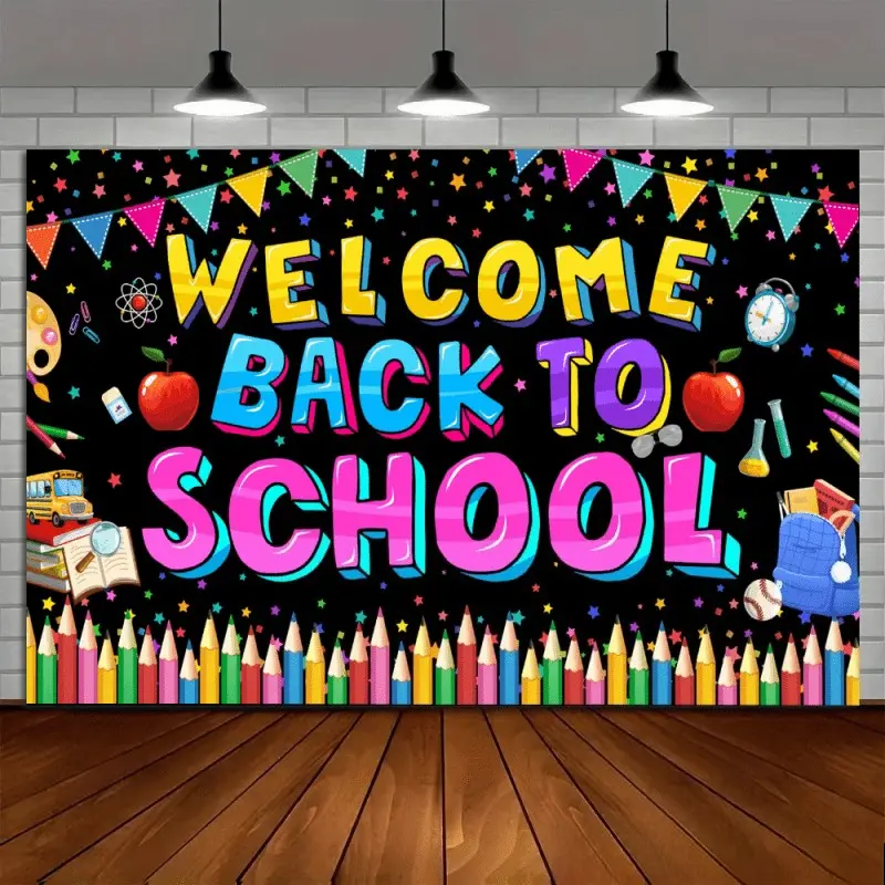 Welcome Back to School Classroom Backdrop, Pencil and Apple Polyester Tapestry for First Day Events, Home Decor, Office Decoration, Birthday Parties and Celebrations