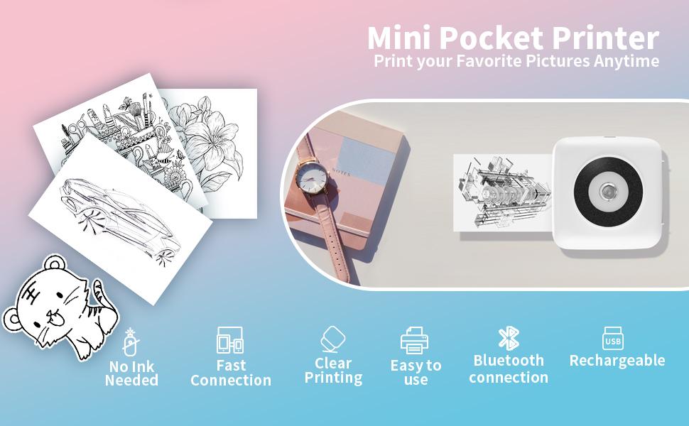 Bluetooth Portable Thermal Printer - Inkless Wireless Photo Printer for iPhone& Android, CP1 Mini Printer for School Notes, Picture, Journal, DIY Creation, Children's Gifts