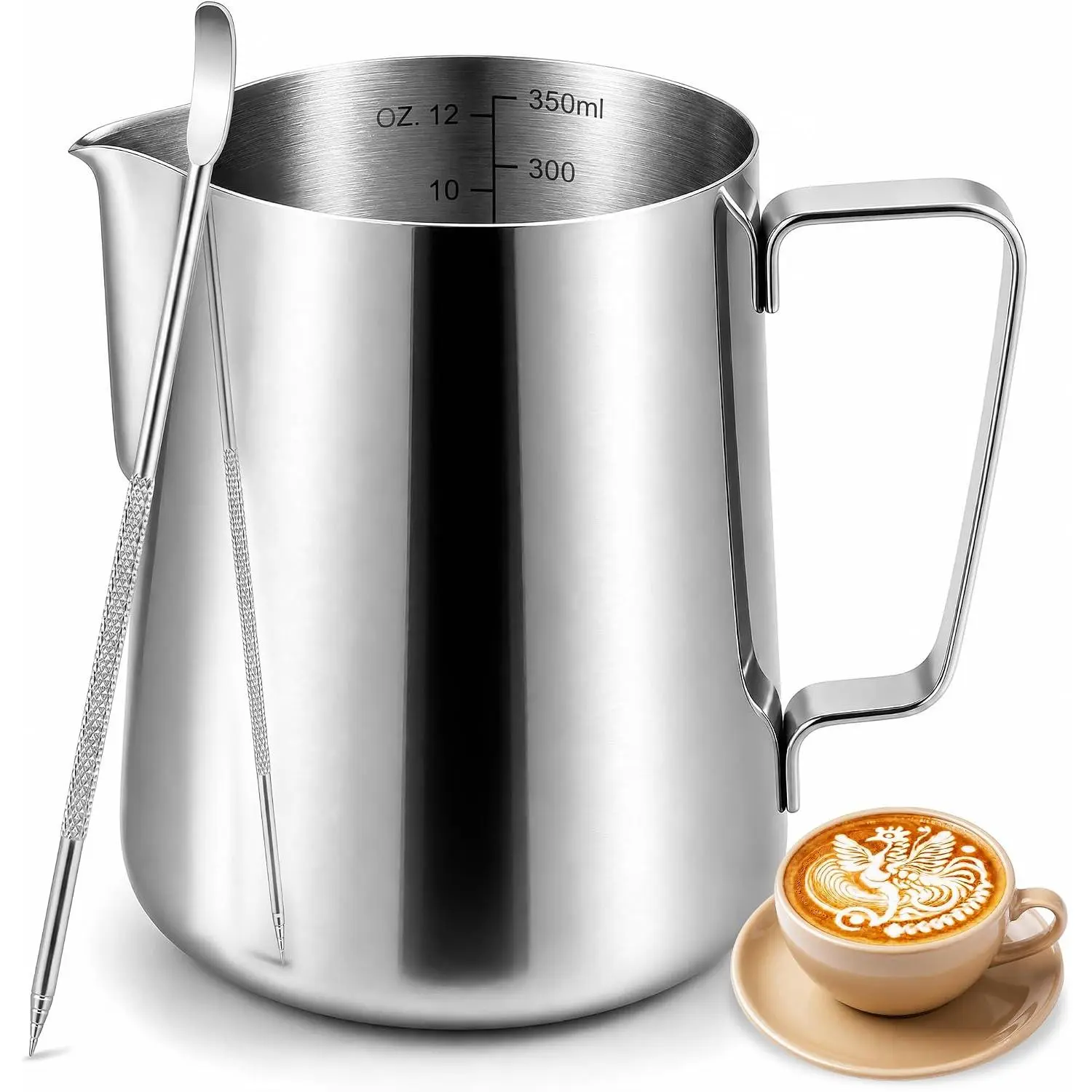 Milk Frothing Pitcher, 12oz/20oz/32oz (350ml/600ml/900ml) - 304 Stainless Steel Milk Frother Cup with  Scale & Latte Pen for Espresso Machine, Coffee, Cappuccino, Barista Grade - 12oz