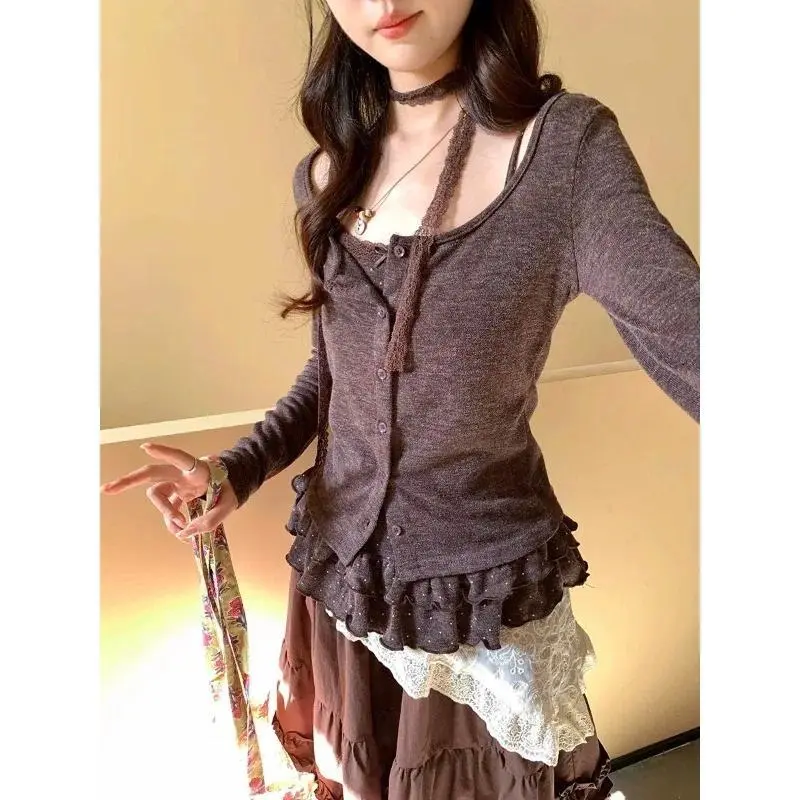 Korean Fashion 2 Piece Sets T-shirts Women Y2k Crop Top Casual Cardigan Sweater  + Slim Vest Korean Retro Suits Outfits