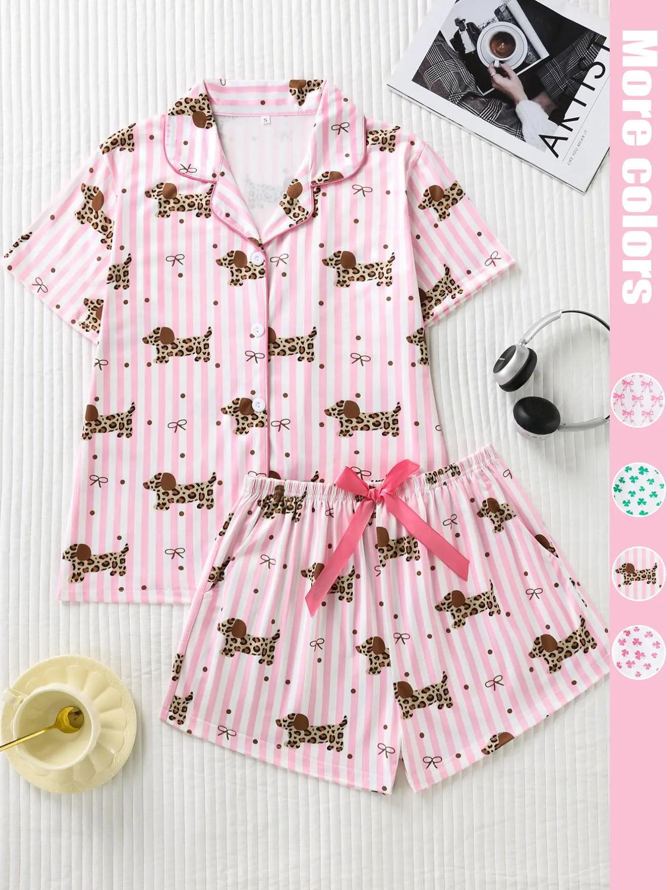 Women's Two-Piece Matching Pajama Homewear Set, Cute Sausage Dog and Striped Full-Print Design Sleepwear, Premium Satin Fabric, Comfortable & Stylish, Lightweight Loungewear