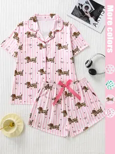 Women's Two-Piece Matching Pajama Sleepwear, Loungewear, Homewear Set, Cute Striped Leopard Sausage Dog Full-Print Design, Premium Satin Fabric, Lightweight, Comfortable & Stylish