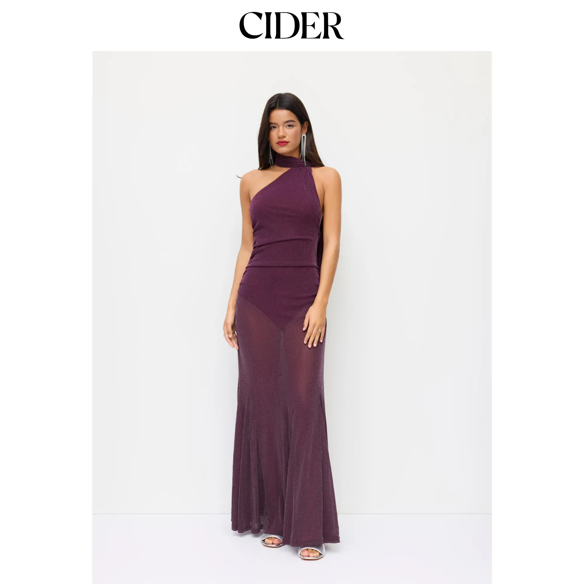 Cider Halter Neckline Glitter Sheer Backless Mermaid Maxi Dress With Scarf