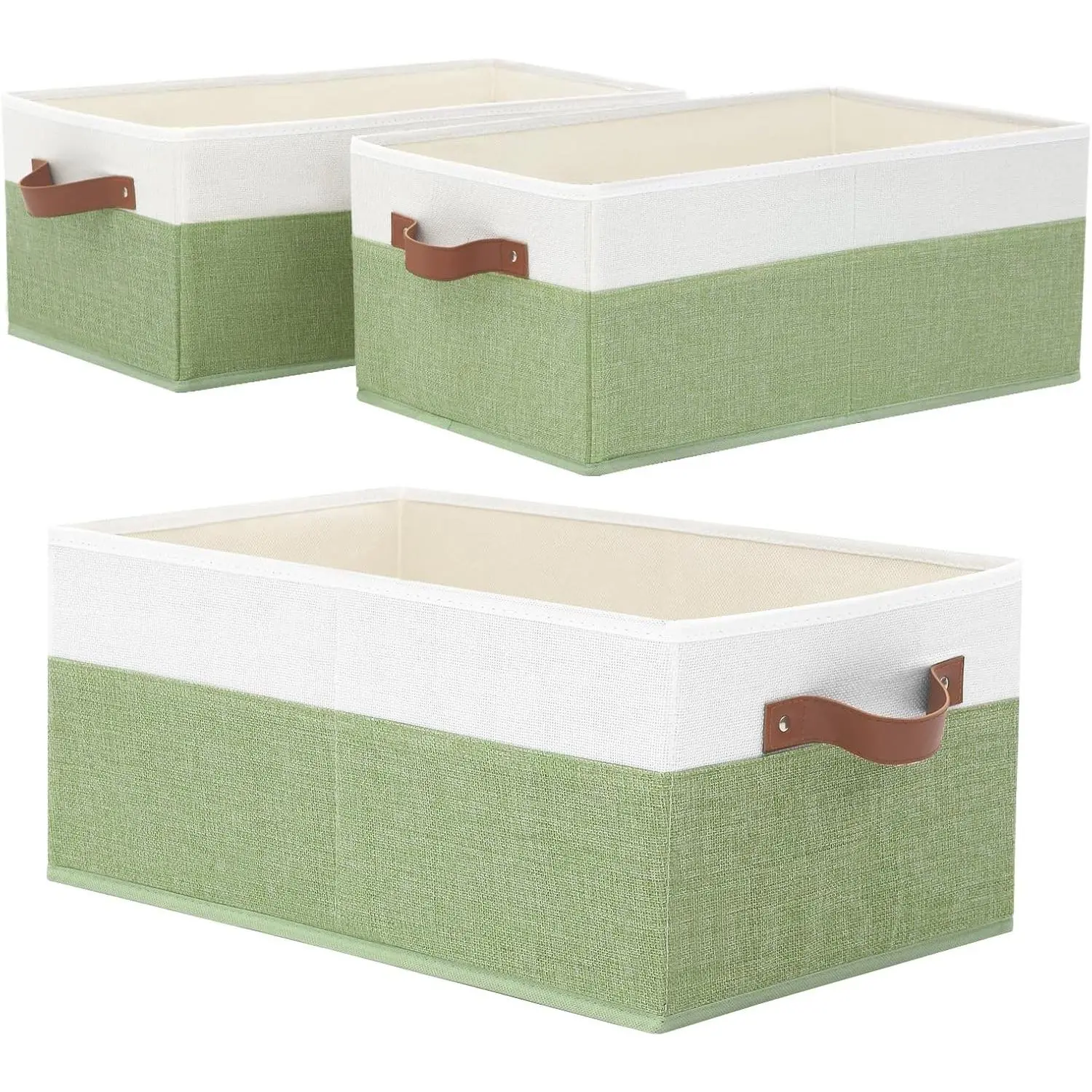 3 Pack Large Capacity Storage Bins Closet Organizer for Shelves, Fabric Closet Storage Baskets Boxes with Leather Handles for Organizing Clothes, Sheets, Jeans, Toys, Books (Green)