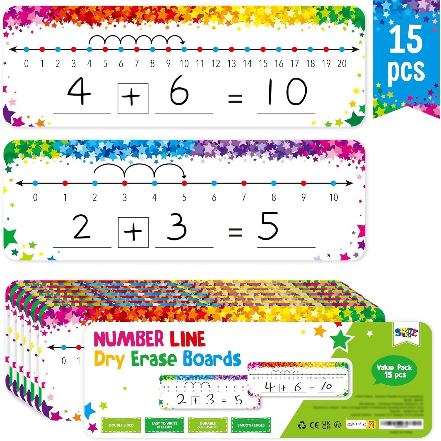 15 count Number Line Dry Erase Boards, Writable and Erasable Double Sided Board-0-10   Side & 0-20  Other Side Math White Board for , Students, Classroom and  (12” x 4”, Colorful Stars)