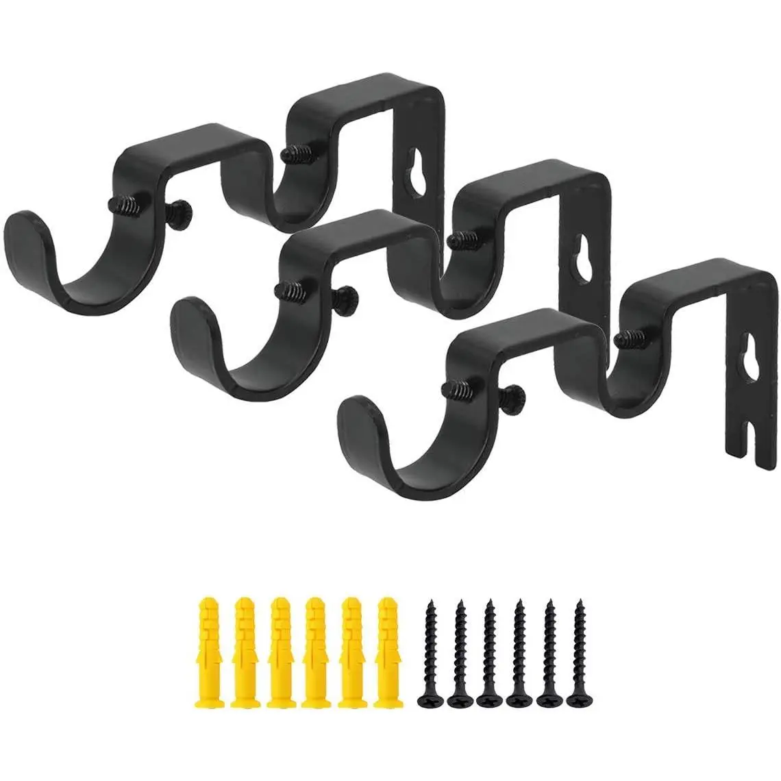 Double Curtain Rod Holders Heavy Duty Rod Brackets 3 Pack Black |  Material , for 1 Inch and 5/8 Inch Rod , Do It Yourself for Bedroom Living Room, Easy Installation