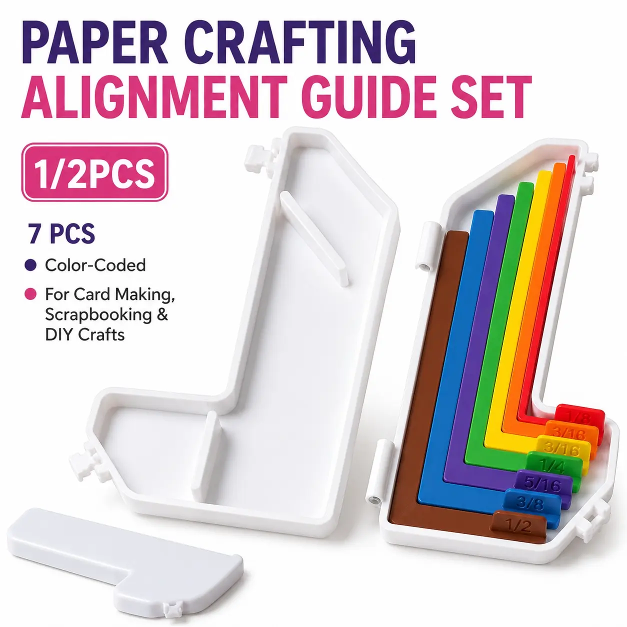 1/2PCS Paper Crafting Alignment Guide Set with Case, 7 PCS Color-Coded Layering & Matting Spacers, Size Tabs 1/16-1/2 Inch for Card Making, Scrapbooking & DIY Crafts