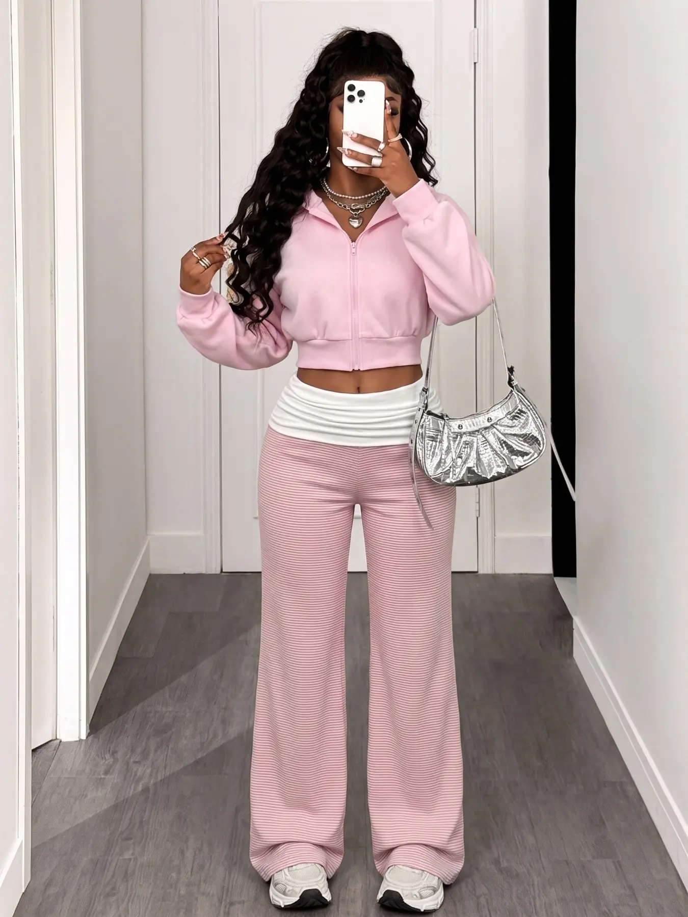 Women's Pink Zip Up Cropped Hoodie & Striped Flare Pants Outfit, Y2K Casual Matching Two Piece Set, Long Sleeve Sweatshirt High Waist Bootcut Trousers, Fashion Streetwear Loungewear for Daily Wear, 2026 Trendy Soft Co-ord Set, Top Trousers Set