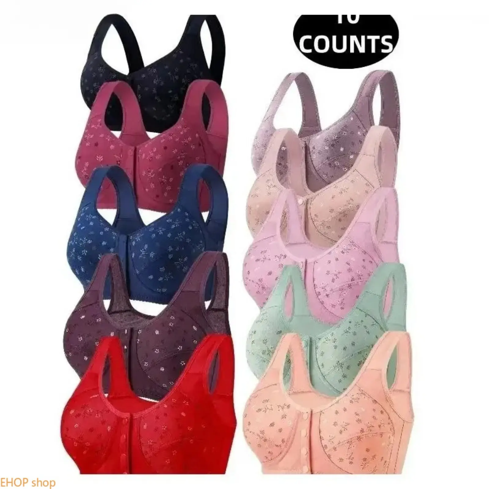 Women's 10Pcs Cute Floral Wireless Bras, Front Closure Easy Fastening, Comfort Light Gentle Lift Push Up Lingerie, Casual Support Underwear