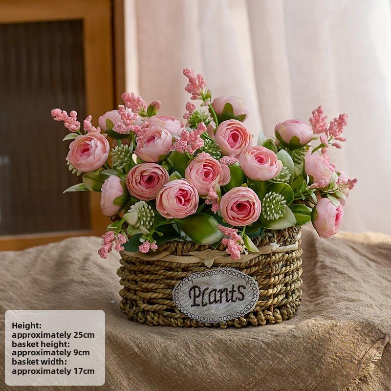 Elegant Rose  Flower Basket, Faux Floral Arrangement for Living Room & Dining Table Decor White Babys Breath Bouquet