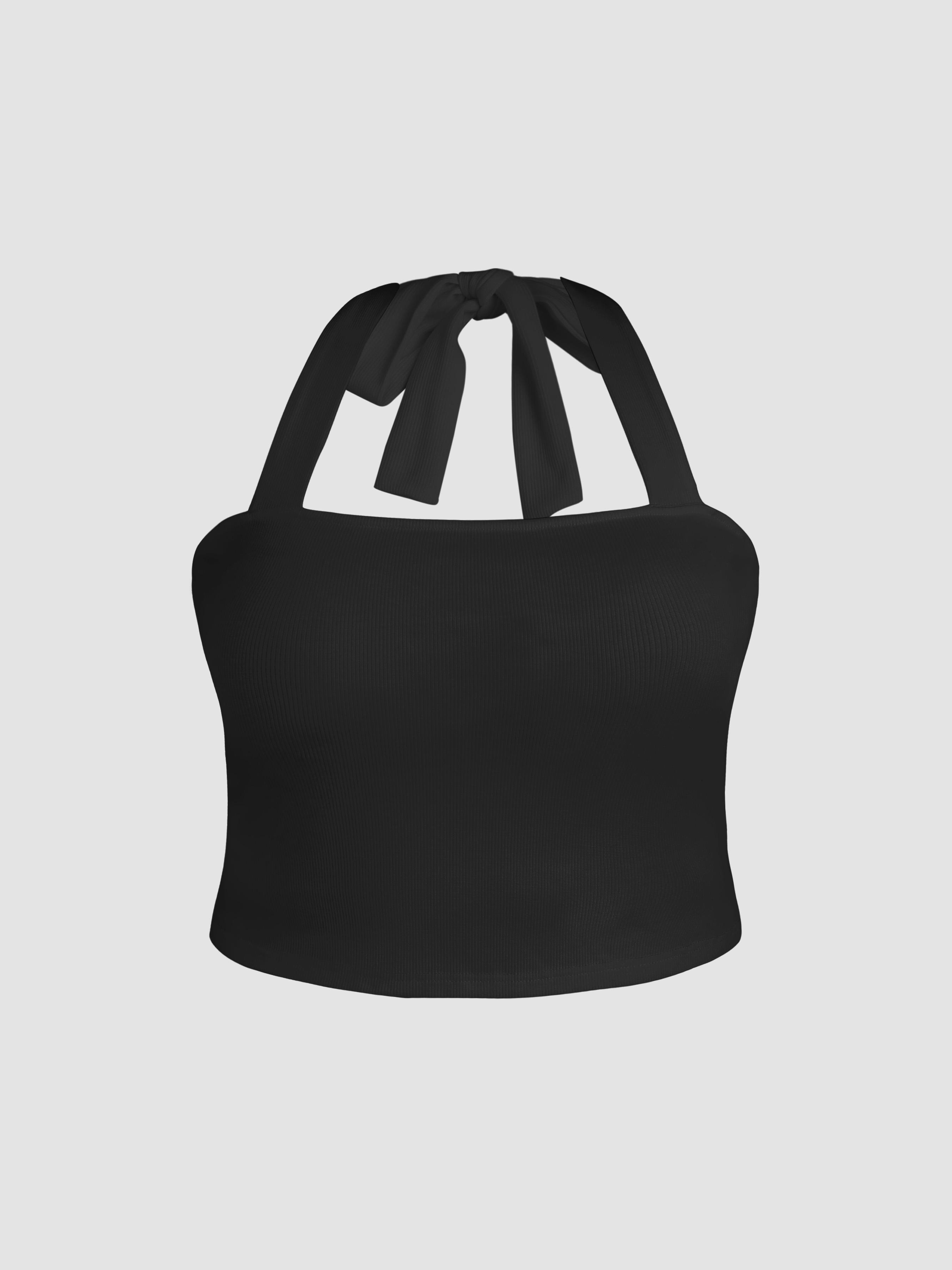 Cider [3 colors, size 2-26] Solid Halter Knotted Cami Crop Top