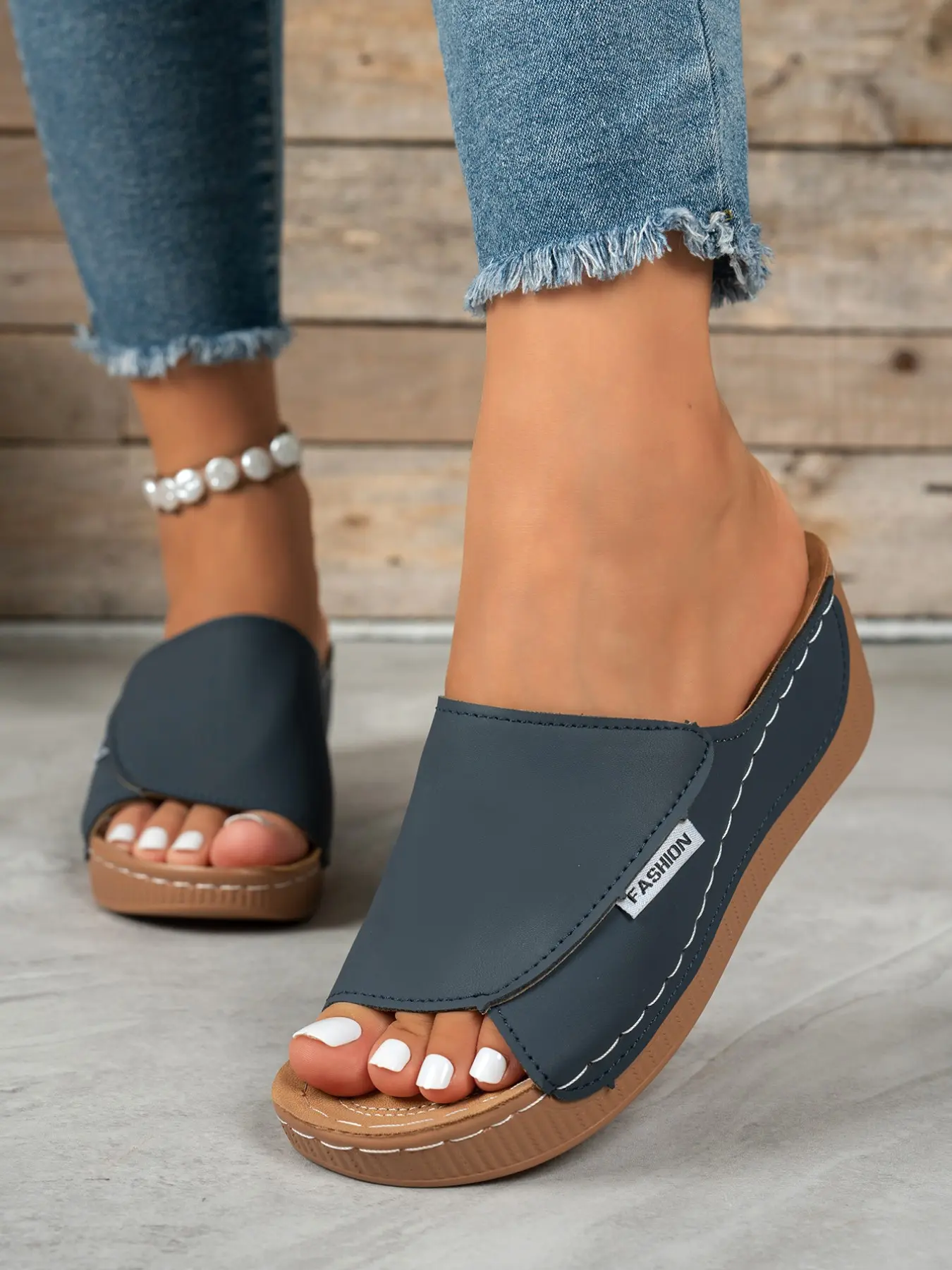 Fashion Women's Open-Toe Wedge Sandals, Fashionable Wedge Shoes, Stitched Details, Thick Anti-Slip Platform, Casual Indoor Outdoor, Ideal for Shopping, Vacation, Summer