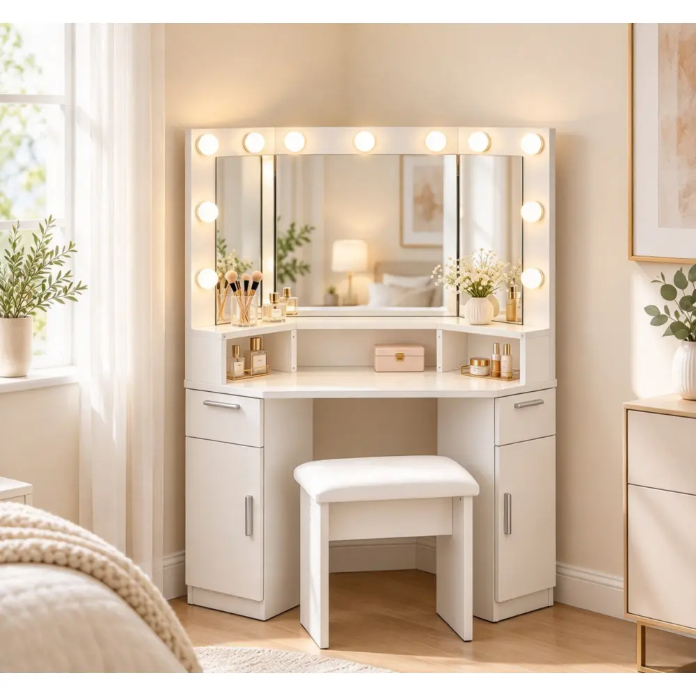 Corner Vanity Makeup Table with Tri-Fold Lighted Mirror, White Dressing Table with Drawers, Cabinet & Cushioned Stool, Makeup Vanity Desk with LED Bulbs