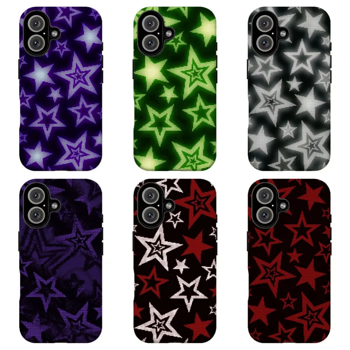 FL-Y2K Grunge Star Phone Case, Multi Tone All Over Star Print Purple Green Red Black Dark Indie Aesthetic Shockproof Protection Cover For iPhone 11 12 13 14 15 16 17 Air Pro Max for Samsung S26 S25 S24 S23 S22 S21 Case,Gift for her/him