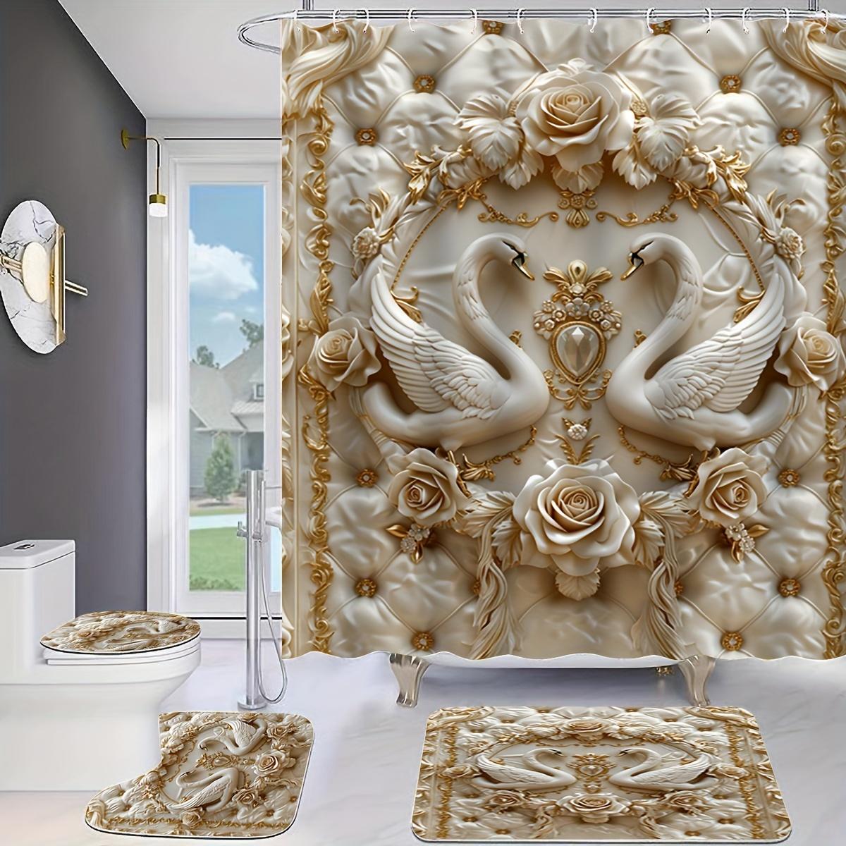 Swan Embossed Shower Curtain Set, 1 Count Waterproof Shower Curtain/4 Counts Set Including Waterproof Shower Curtain, Non-slip Floor Mat, Toilet Seat Cover & Bathroom Mat with 12 Hooks, Showercurtain, Bathroom Decoration Accessories