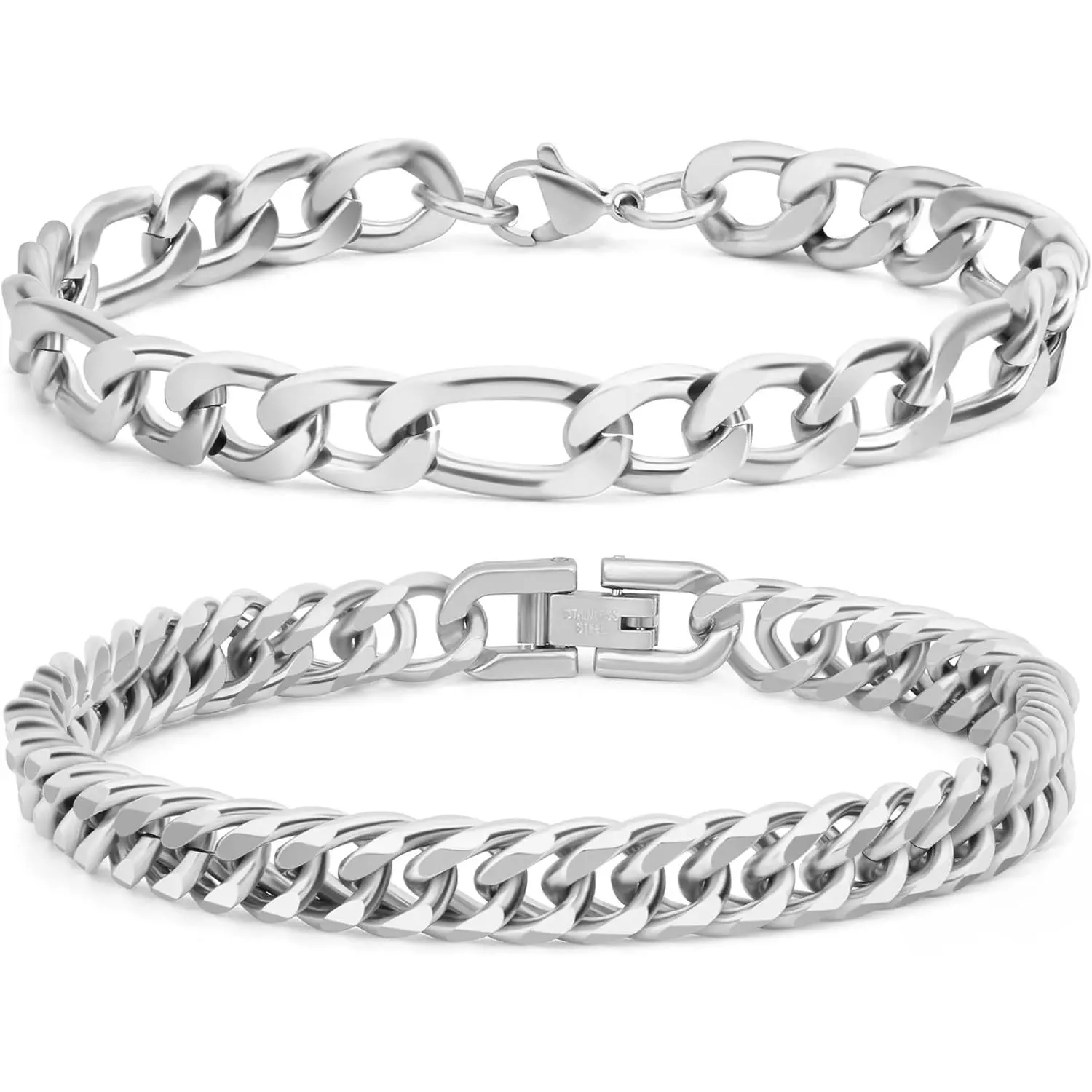 2-Piece Men's Bracelet Set with Cuban Link & Figaro Chain, 8mm Contemporary 316L Stainless Steel Jewelry for Daily Use, 7-9 Inches, Male Wear, Rust Resistant