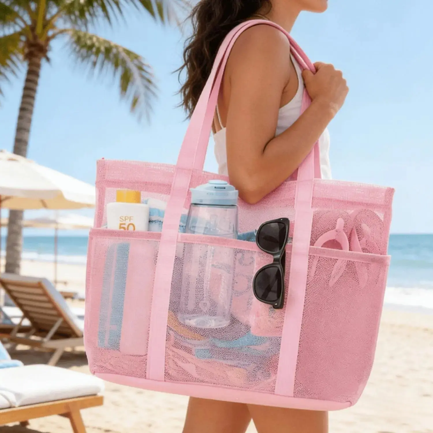 Women's Sandproof Mesh Fabric Beach Bag, Large-Capacity Multi-Pocket Shoulder Tote, Lightweight Swimming Handbag for Holiday Travel (Sports & Outdoor Gym Accessory)