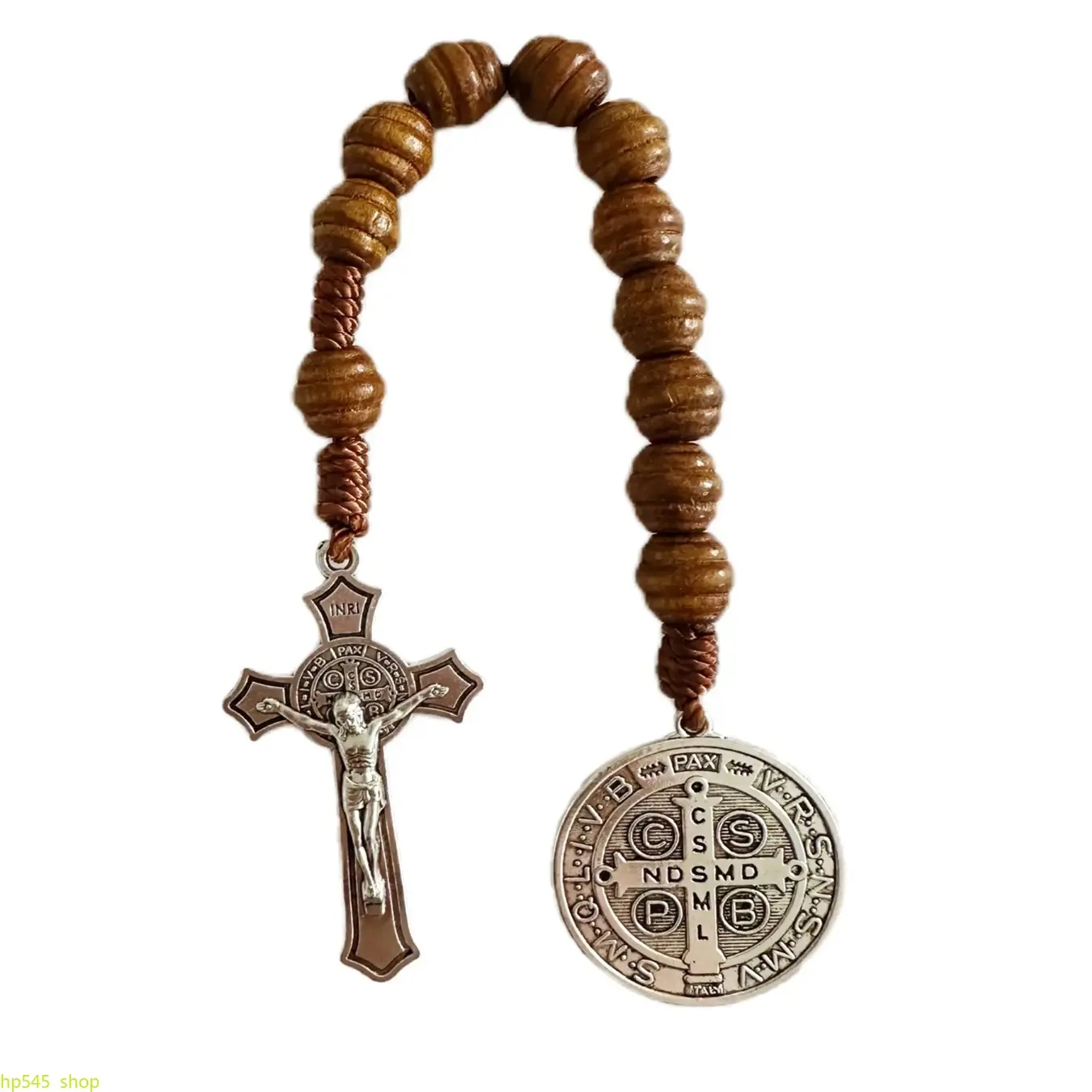 9-Inch Travel Size Wooden Bead Saint Benedict Medal Prayer Pocket Rosary with Cross Crucifix Charm, Brown Rosary Beads Charms & Pendants, Ethnic Pattern Traditional Christian Catholic Decor, Profound Spiritual Significance Gift for Devotees, Religious Dec