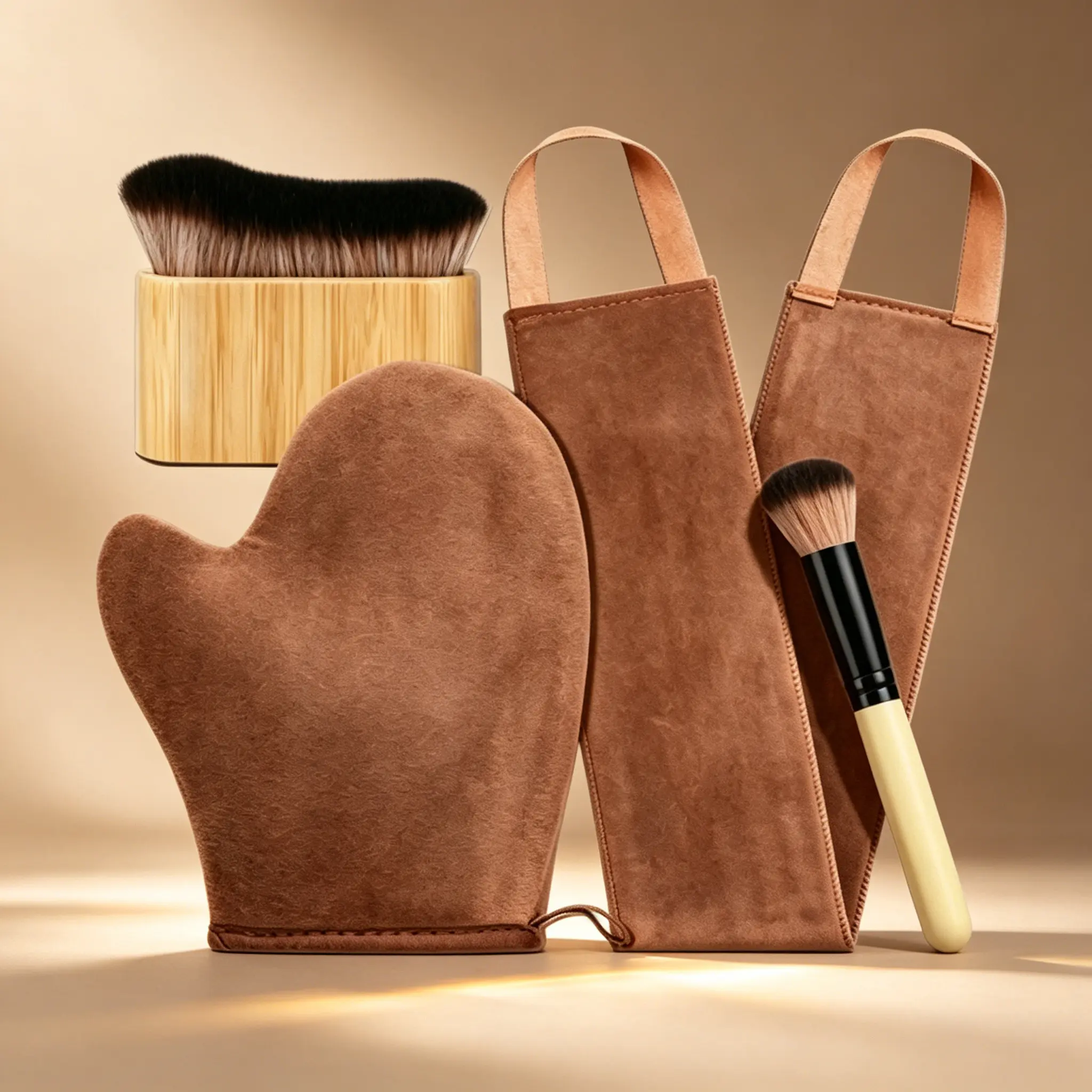 4-In-1 Self Tanner Application Kit, Bamboo Handle Brushes, Waterproof Mitt, Velvet Applicator, Streak-Free for Home and Travel, Self Care Products