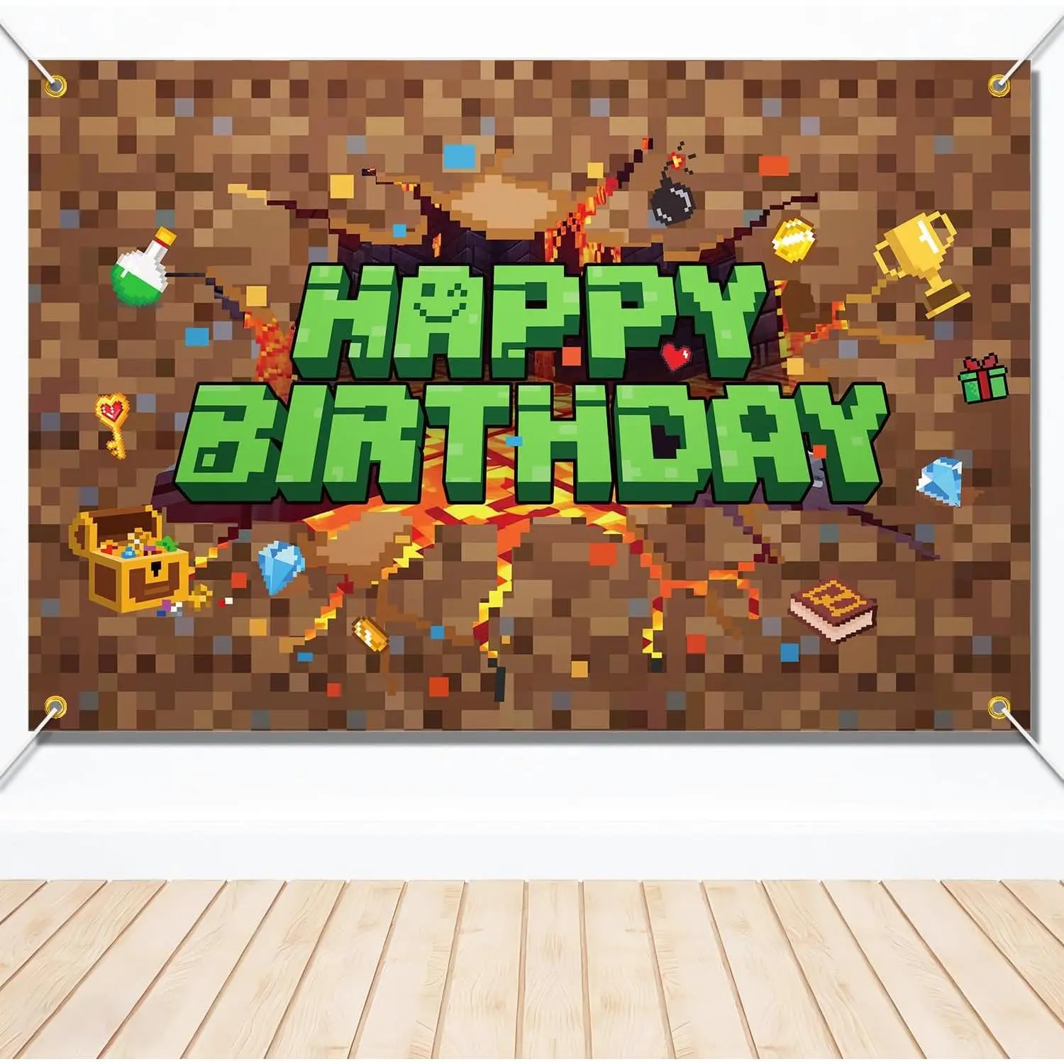Pixel Birthday Decorations, 5x3 ft Happy Birthday Banner Backdrop for Miner TNT & Pixel Themed Celebration  Boys  Party Supplies (brown green)